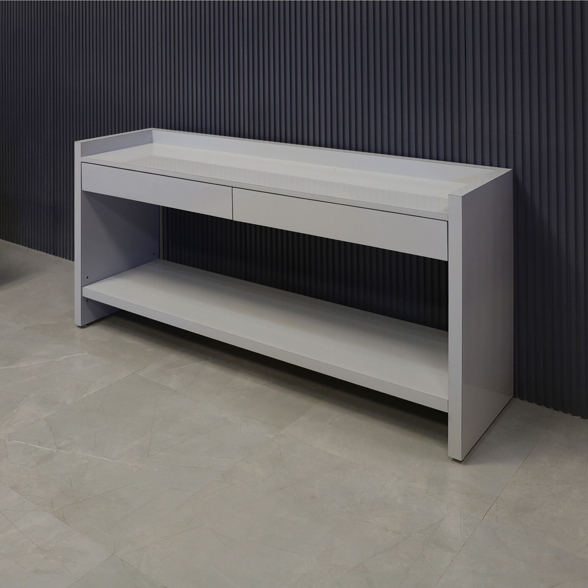 60-inch Avenue Console Table with Folkstone gray gloss laminate console.