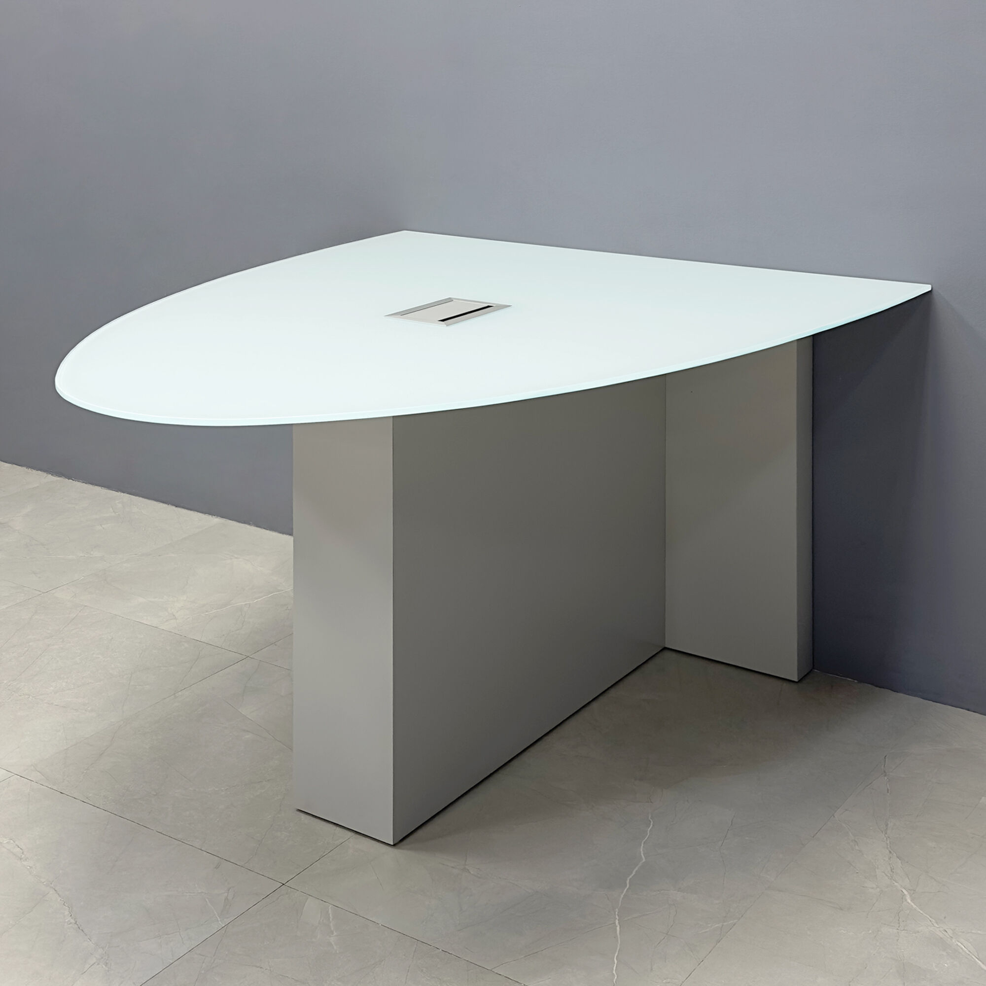 60-inch Collaboration Table in 1/2-inch white tempered glass top, and folkstone gray matte laminate base, with silver MX3 power box.