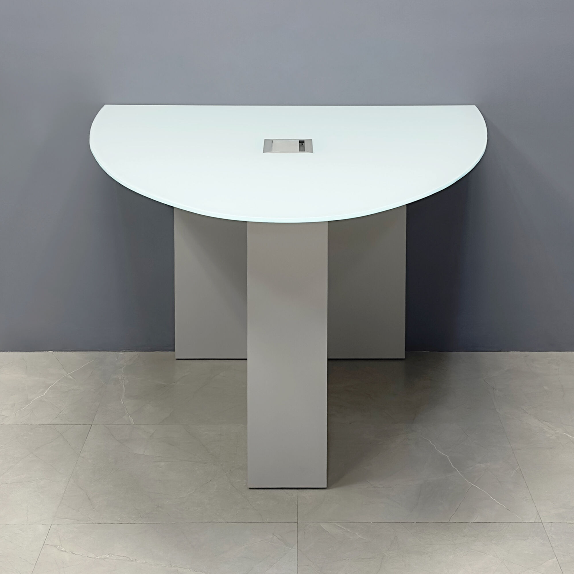 60-inch Collaboration Table in 1/2-inch white tempered glass top, and folkstone gray matte laminate base, with silver MX3 power box.