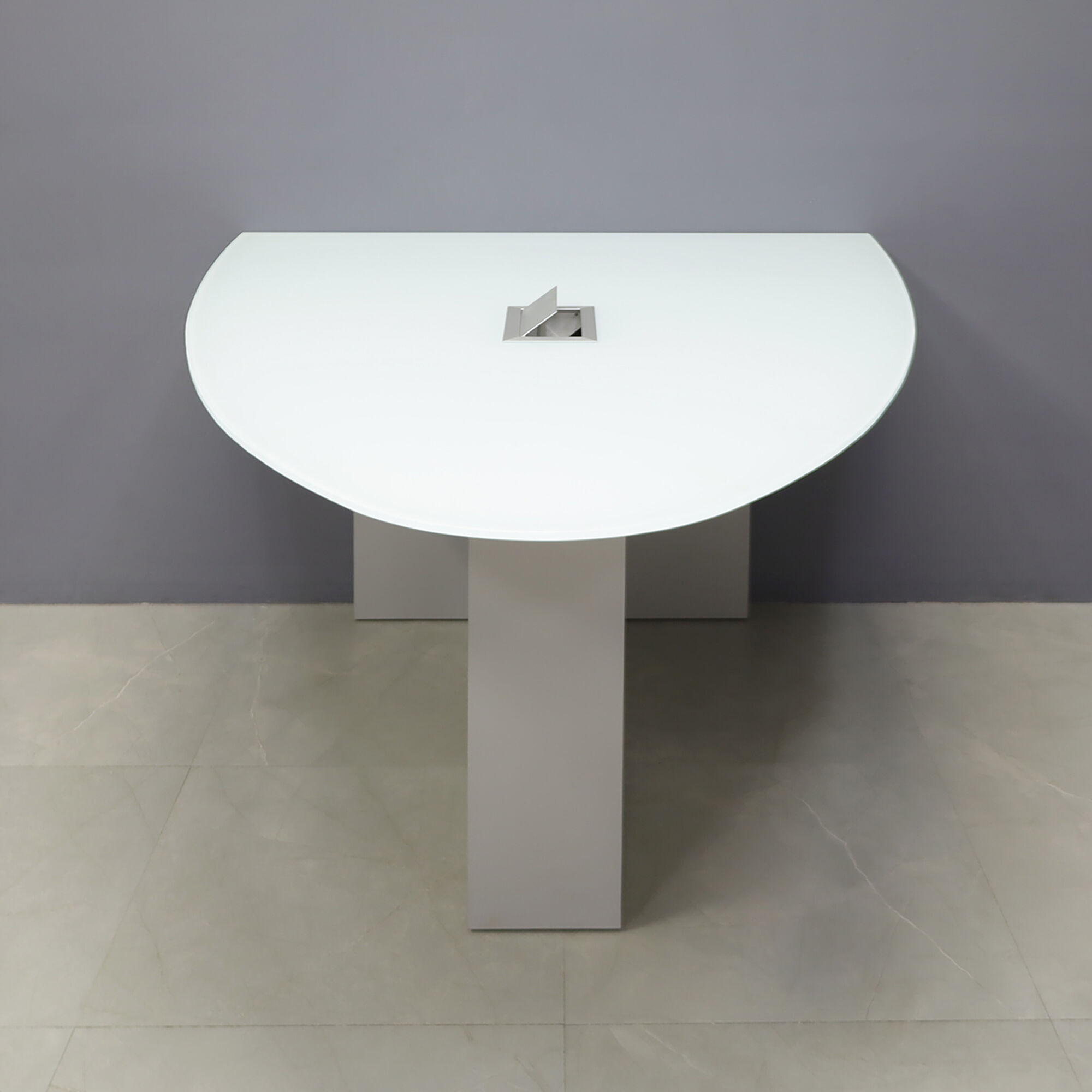 60-inch Collaboration Table in 1/2-inch white tempered glass top, and folkstone gray matte laminate base, with silver MX3 power box.