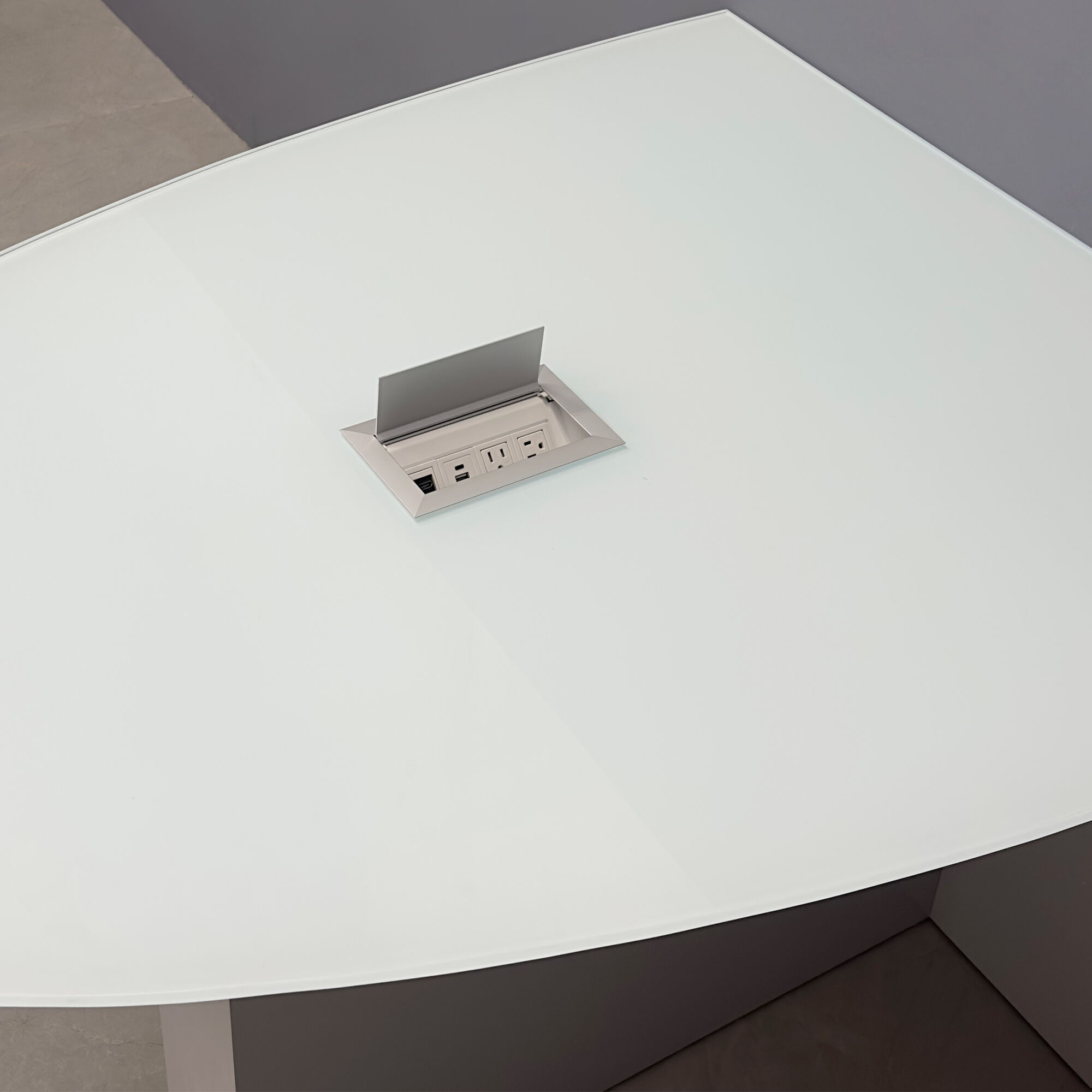 60-inch Collaboration Table in 1/2-inch white tempered glass top, and folkstone gray matte laminate base, with silver MX3 power box.