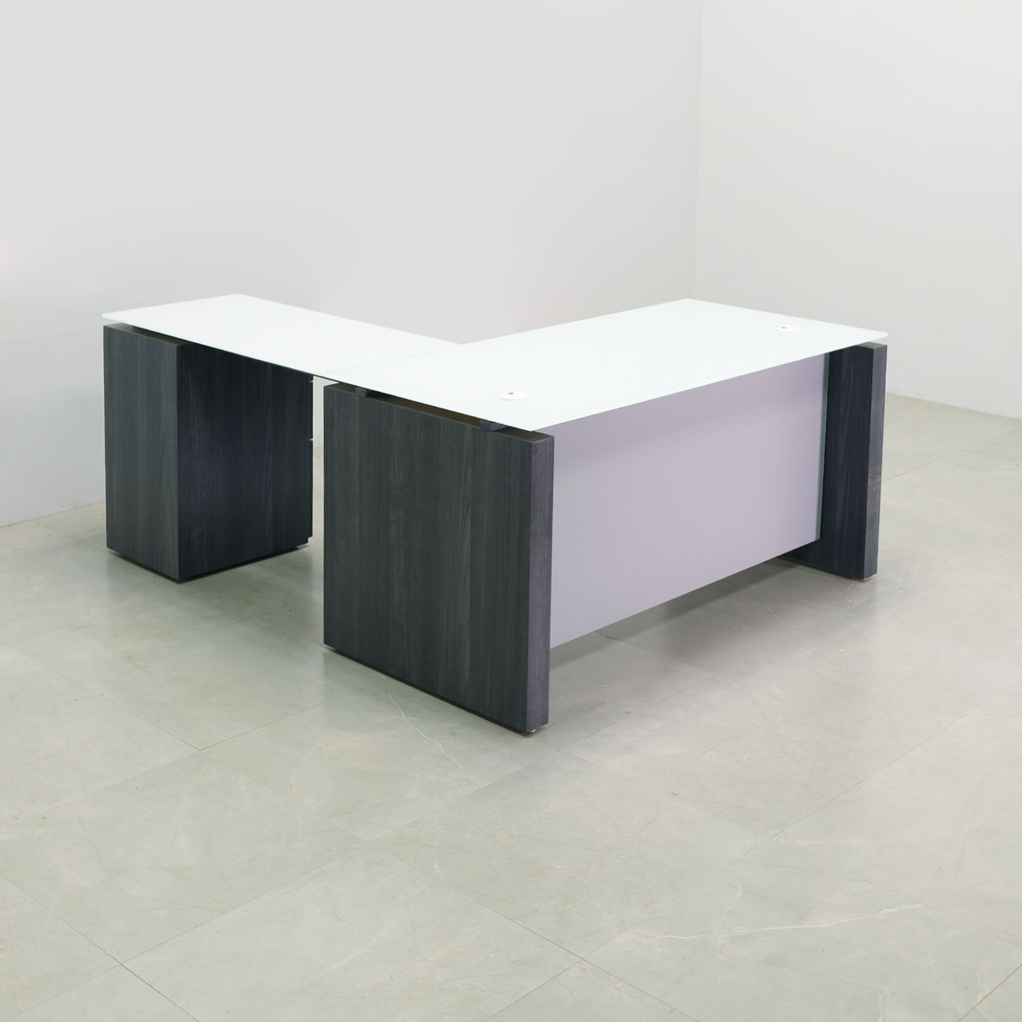 60-inch Denver L-Shape Executive Desk with return & cabinet on the right side when sitting, in 1/2" white tempered glass top, storm teakwood matte laminate base & cabinet, and folkstone gray matte laminate privacy panel, shown here.