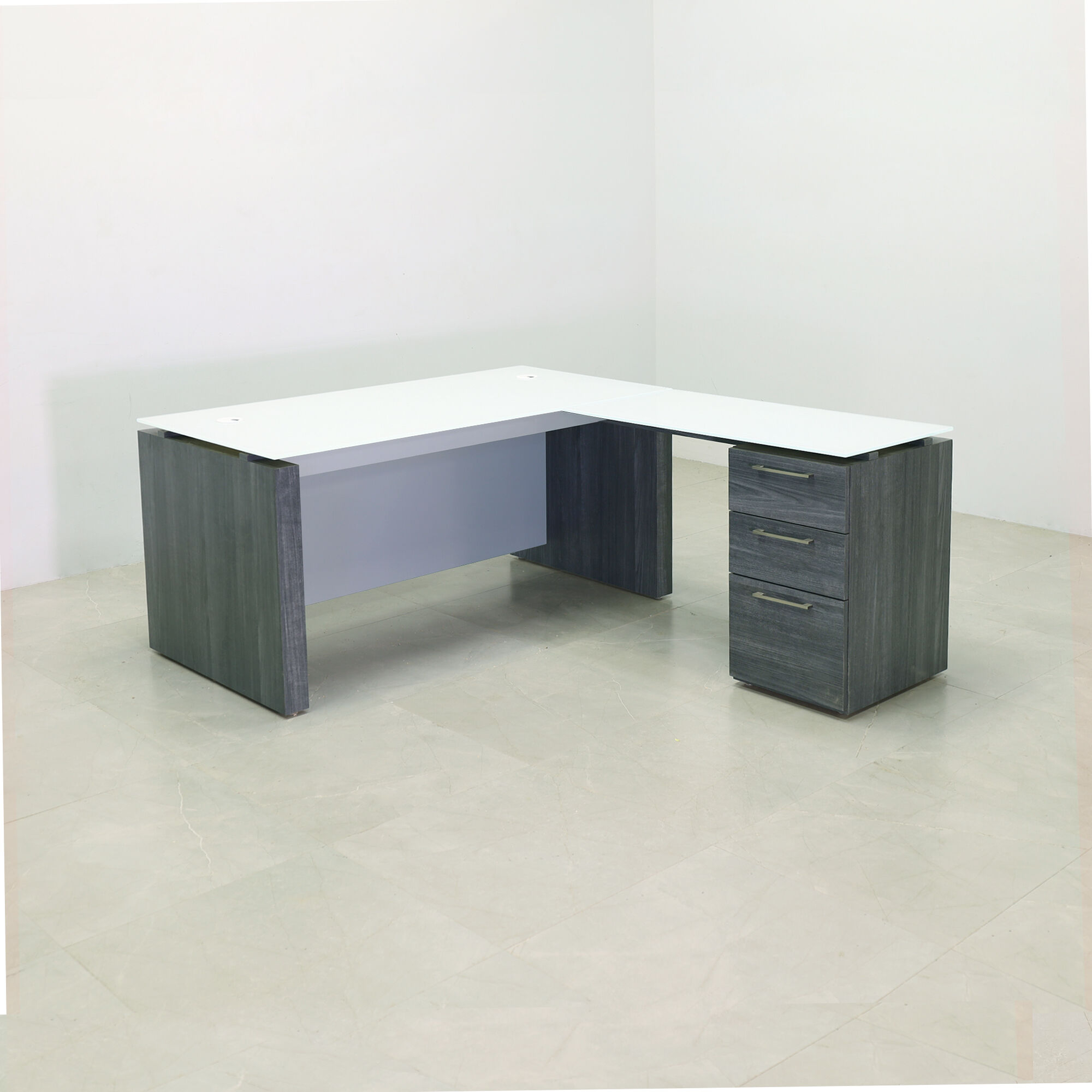 60-inch Denver L-Shape Executive Desk with return & cabinet on the right side when sitting, in 1/2" white tempered glass top, storm teakwood matte laminate base & cabinet, and folkstone gray matte laminate privacy panel, shown here.