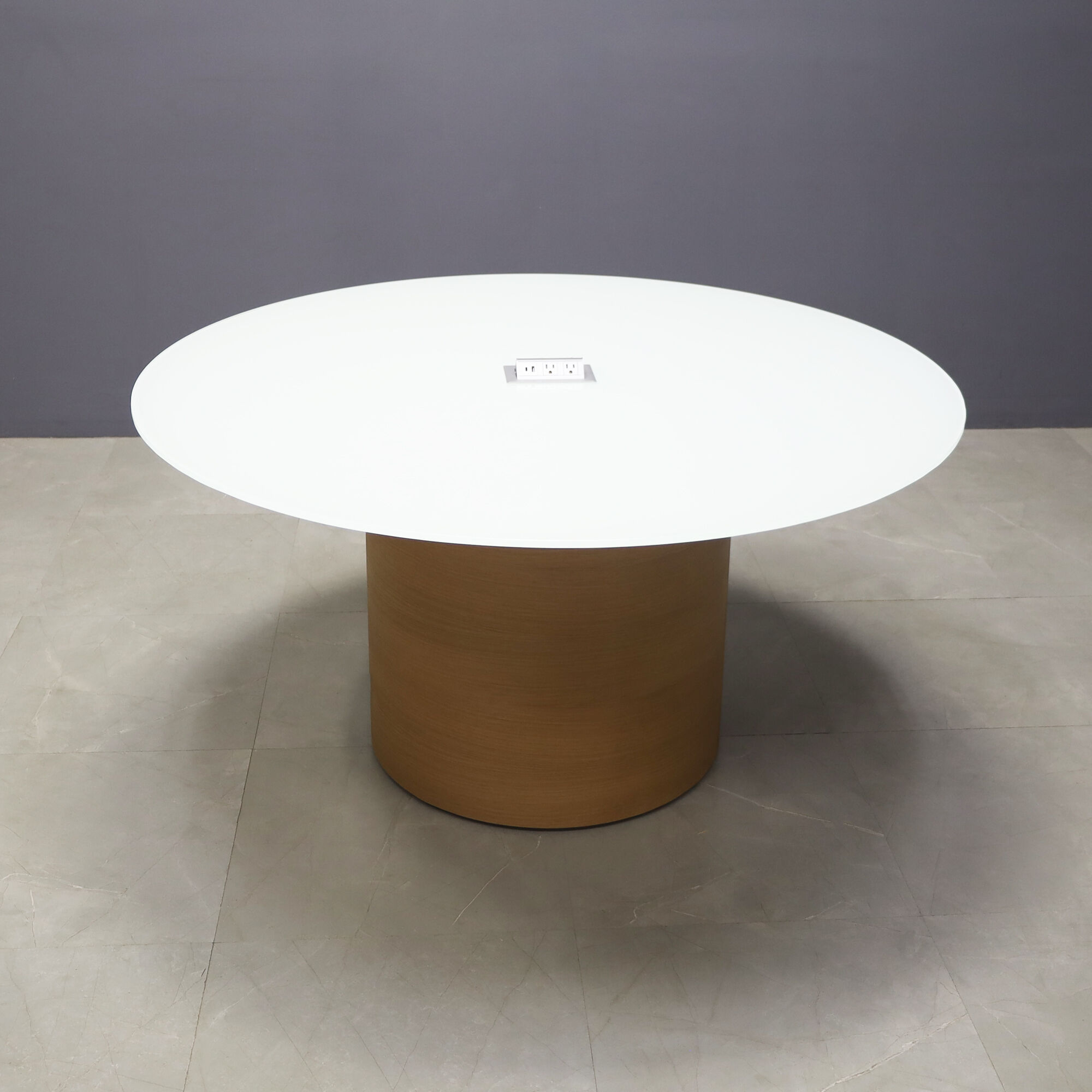60-inch Omaha Round Conference Table in 1/2-inch white tempered glass top, and walnut heights matte laminate base, with silver MX2 power box.