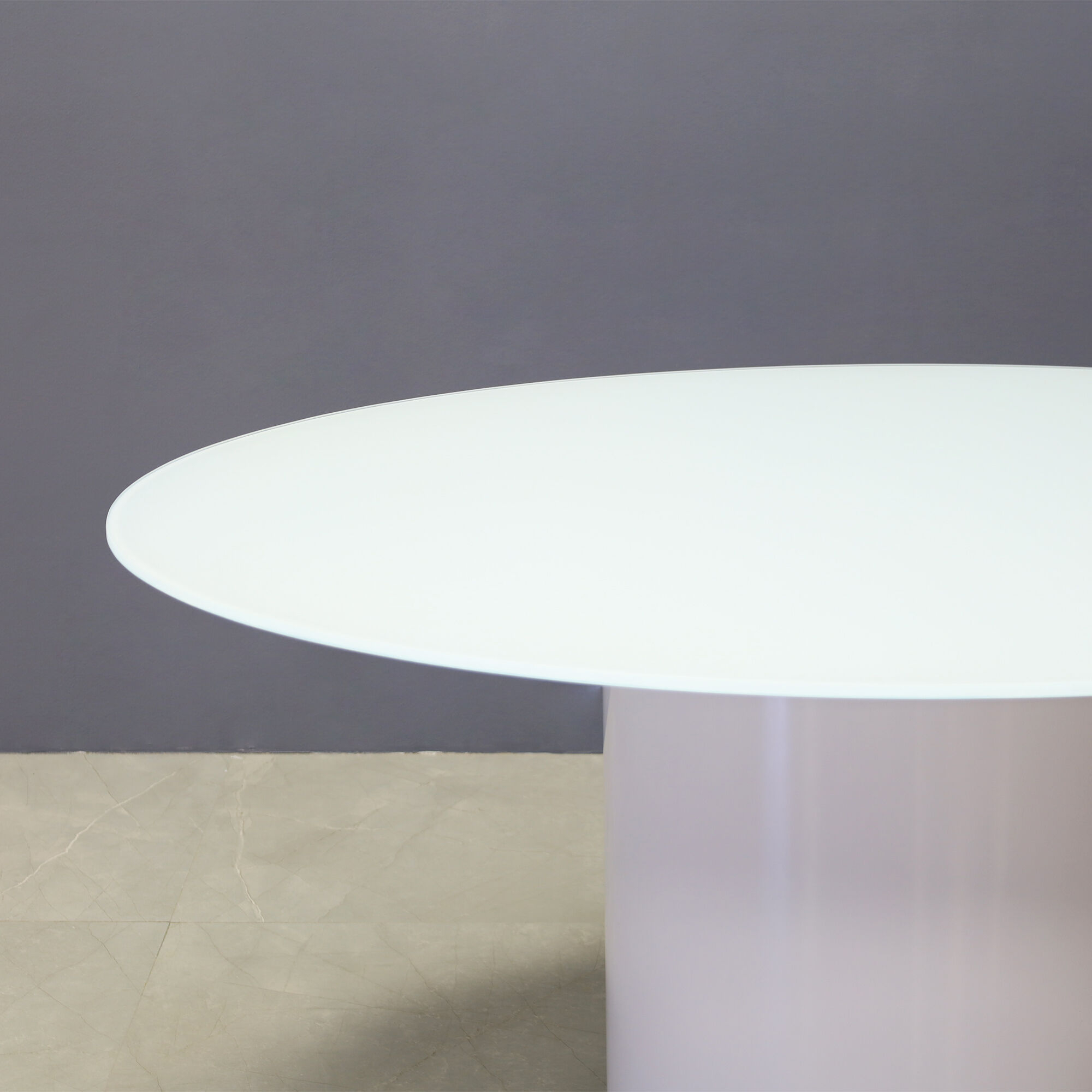 60-inch Omaha Oval Conference Table in 1/2-inch white tempered glass top, and white gloss laminate base.