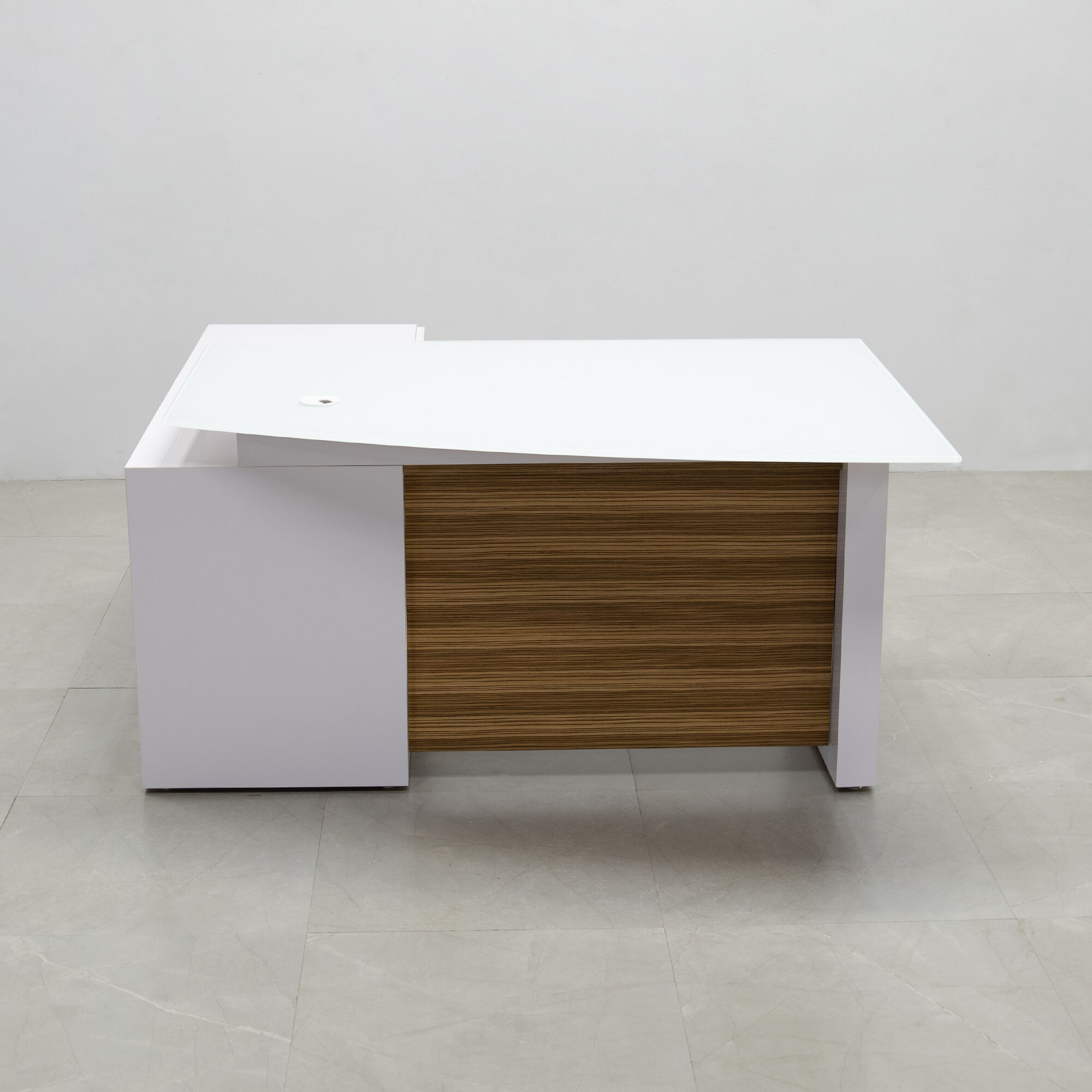 60-inch Avenue Curved Executive Desk with credenza on the right side when sitting, with 1/2" white tempered glass top, white gloss laminate base & credenza, and zebrawood veneer privacy panel, shown here.
