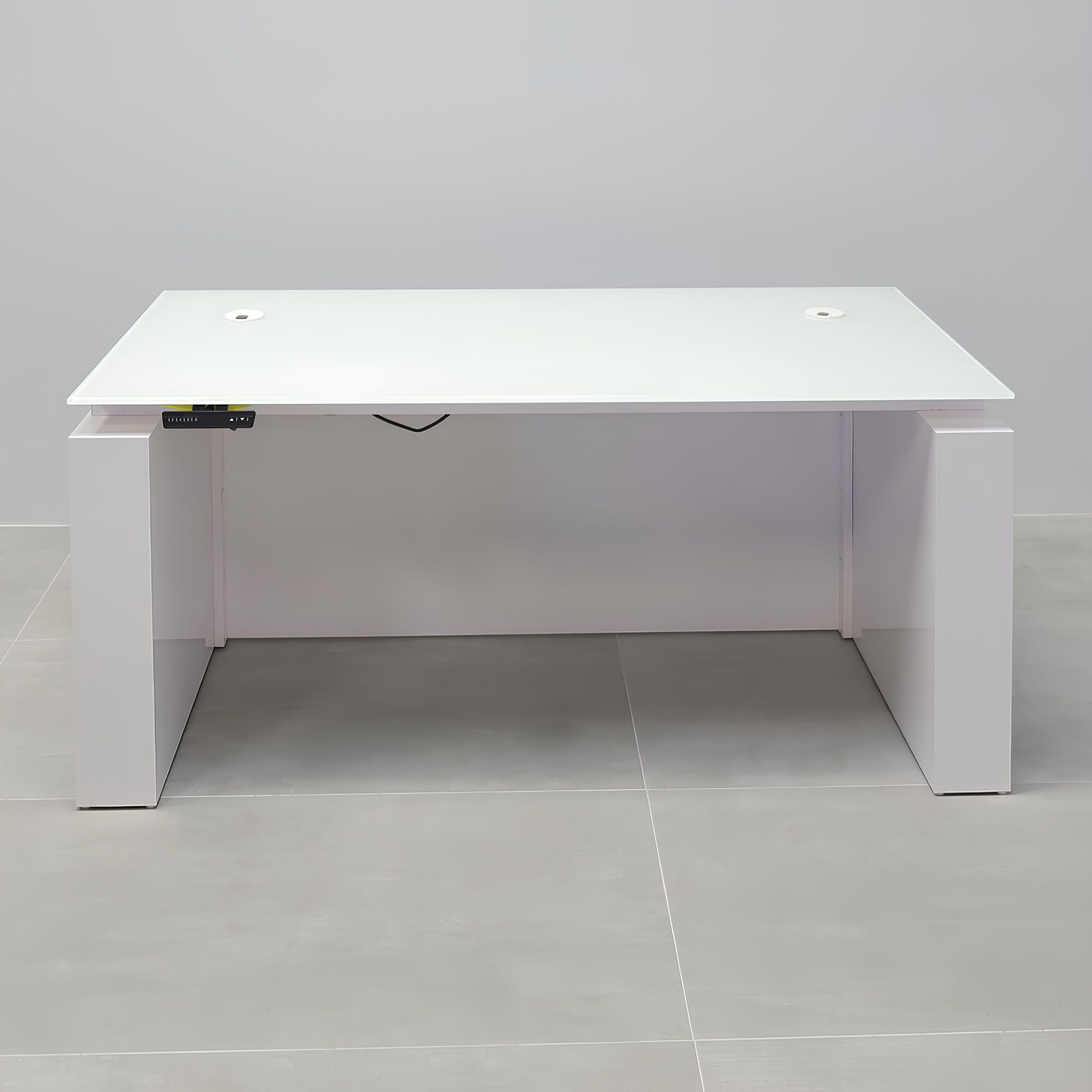 60-inch Denver Straight Glass Executive Desk with Sit-Stand Mechanism, white tempered glass top, white gloss laminate base privacy panel, and sit-stand mechanism.