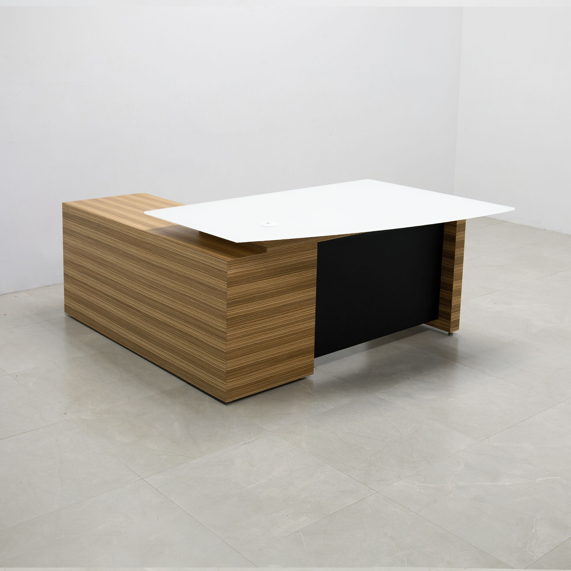 60-inch Avenue Curved Executive Desk with credenza on the right side when sitting, with 1/2" white tempered glass top, zebrawood veneer base & credenza, and black traceless laminate privacy panel, shown here.