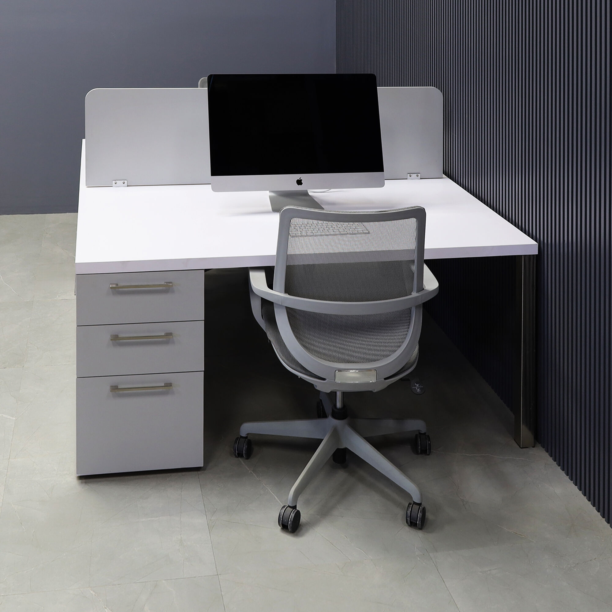 60-inch Dallas Custom Workstation with storage in white matte laminate top & storages, fog gray laminate partition & front drawers, and brushed stainless legs.