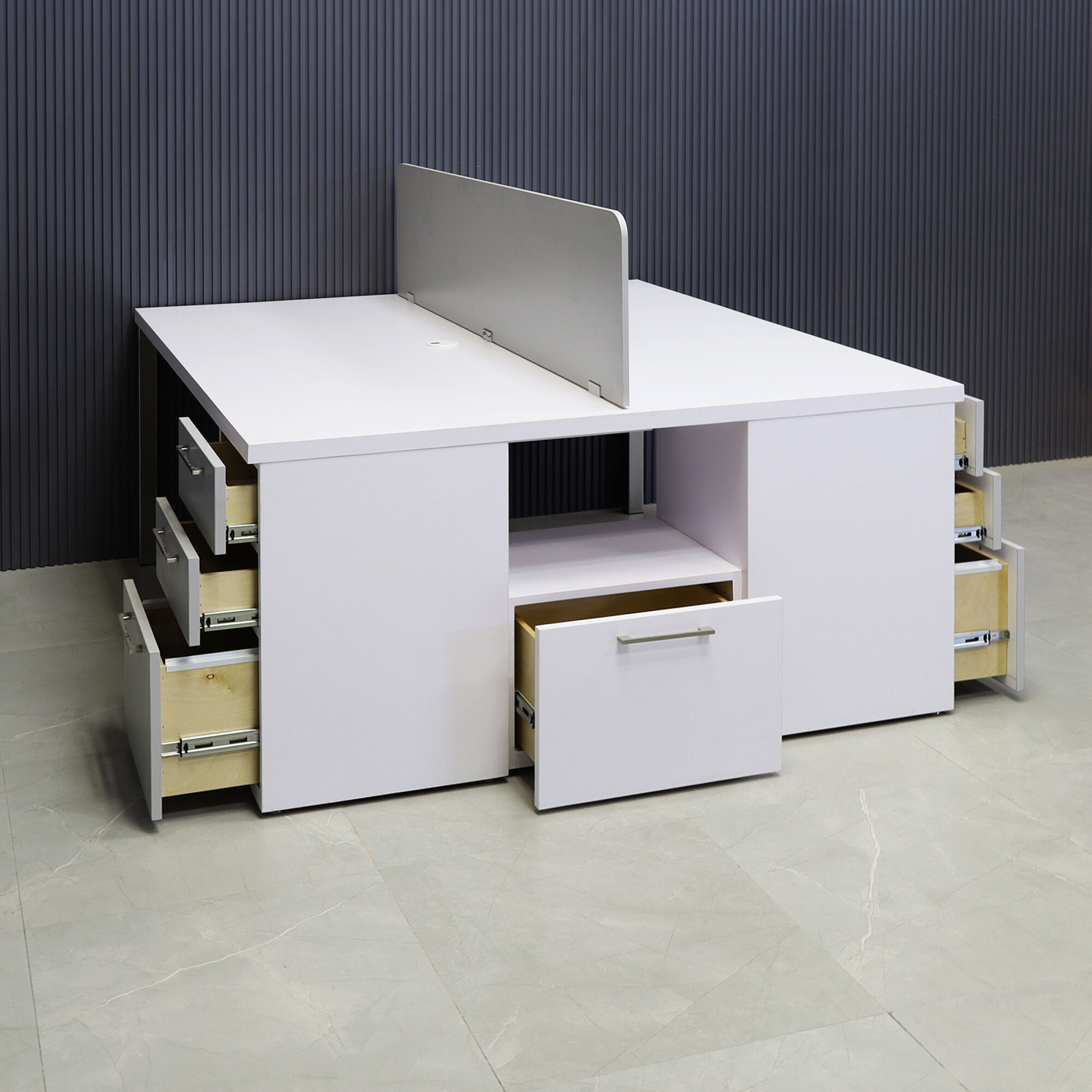 60-inch Dallas Custom Workstation with storage in white matte laminate top & storages, fog gray laminate partition & front drawers, and brushed stainless legs.