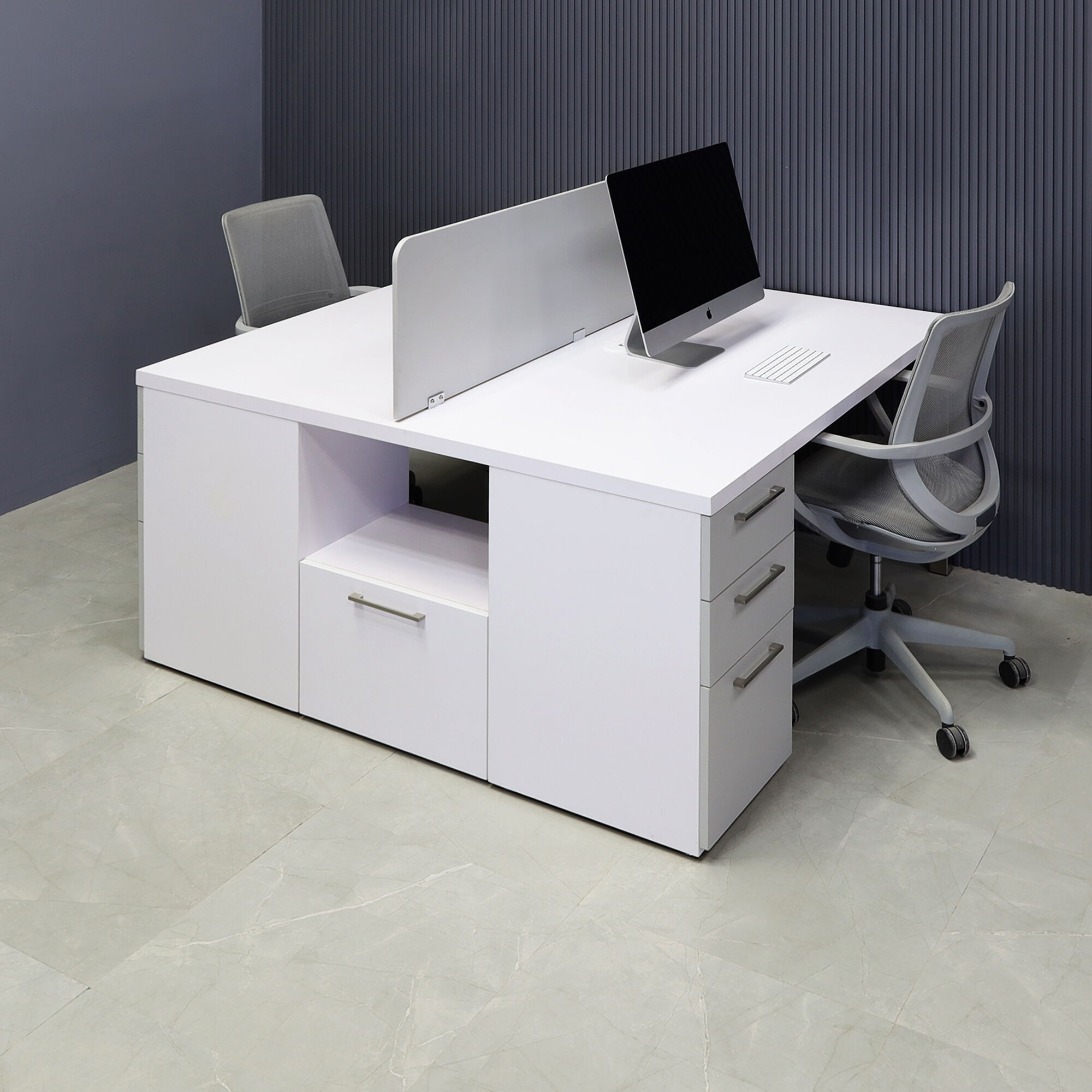 60X60-inches Dallas Workstation With Storage in white matte laminate top & storages, fog gray laminate partition & front drawers, with brushed stainless legs.