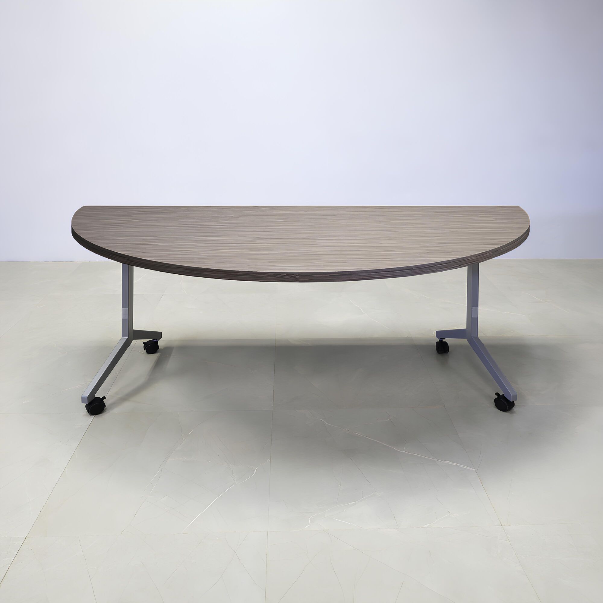 64-inch Westin Half Moon Training Table in special laminate top and silver metal frame shown here.