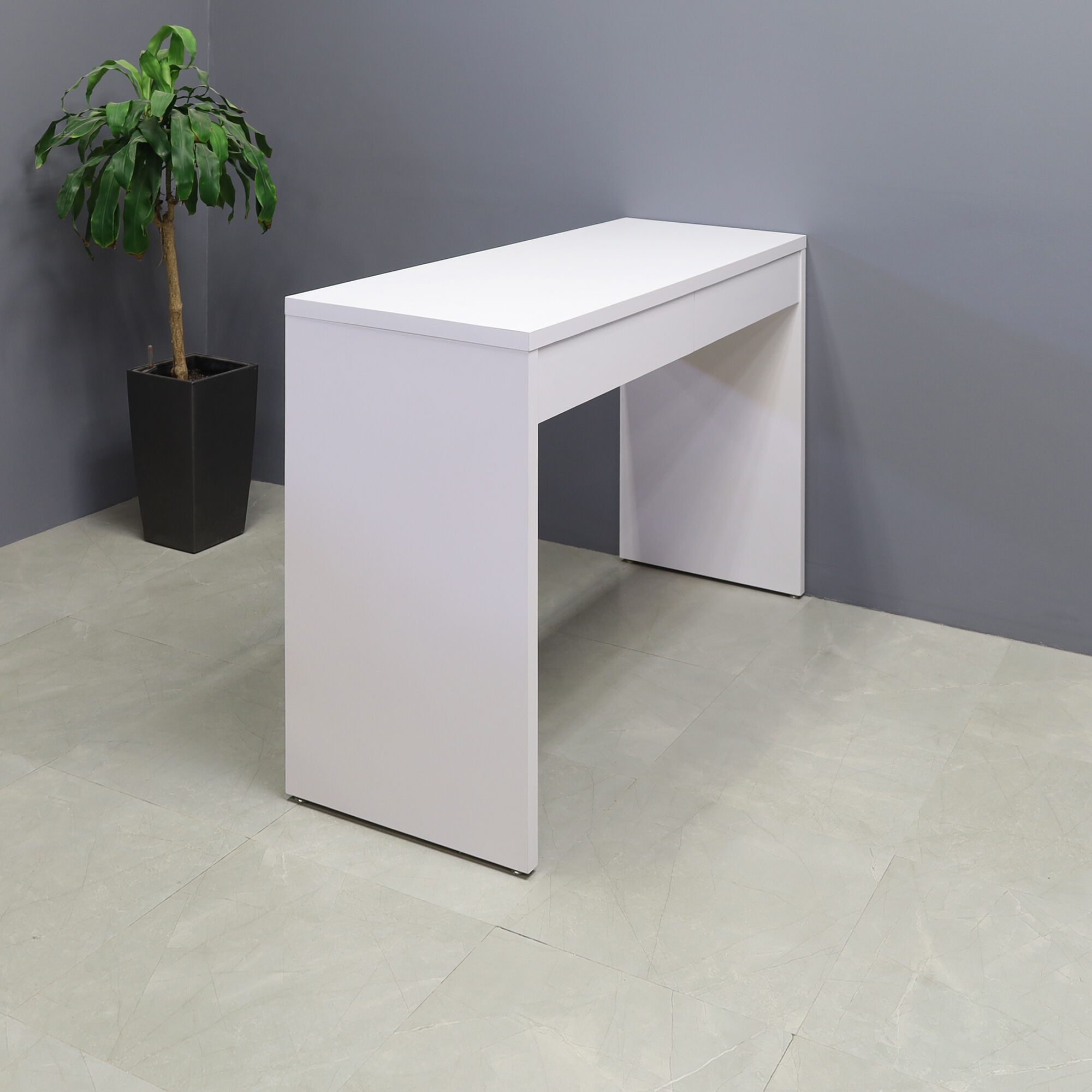 65-inch Ashville Bar Table with Storage in white matte laminate finish.