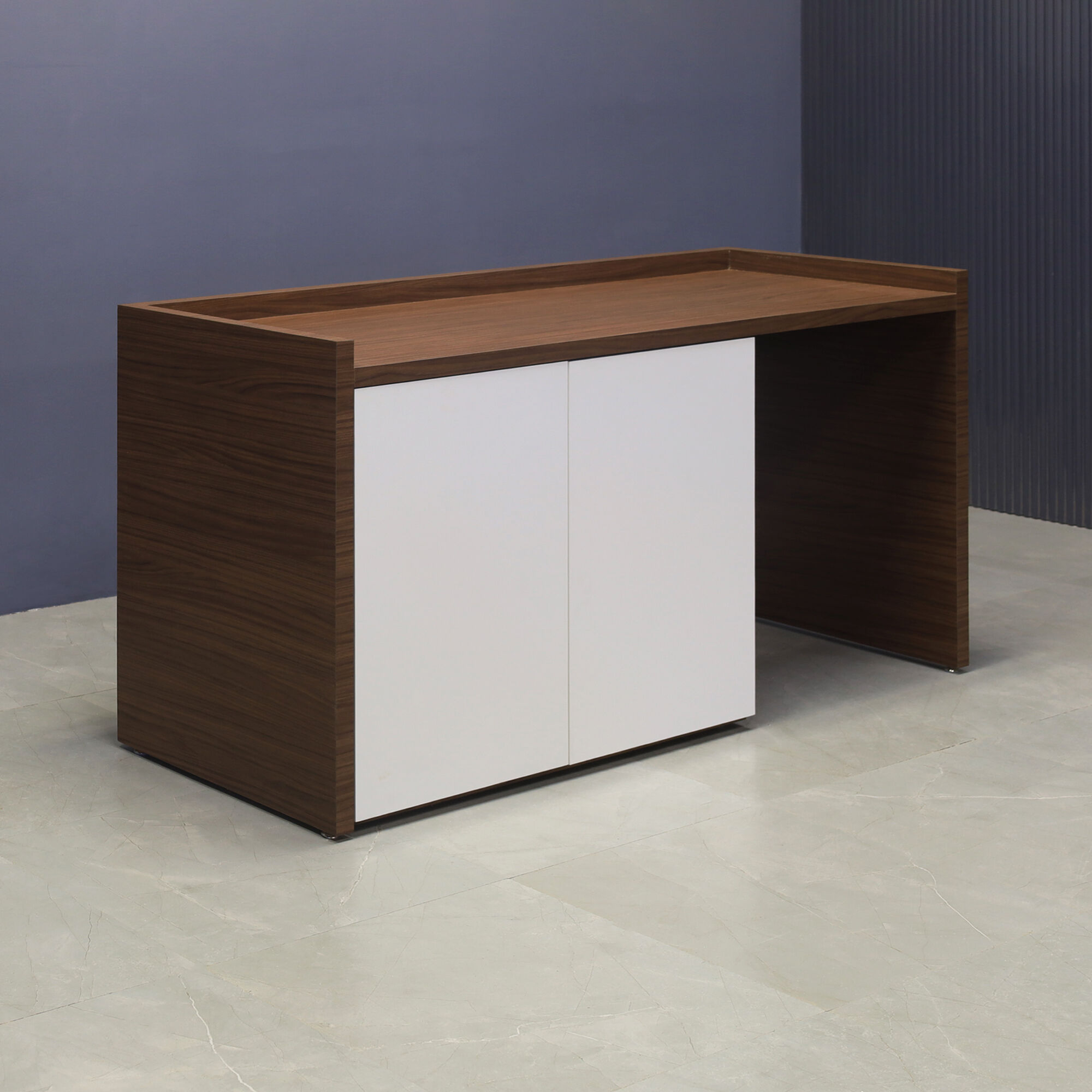 72-inch Avenue Beverage Server Station with fridge on the right side, in walnut heights matte laminate station, and dover off-white matte laminate doors.
