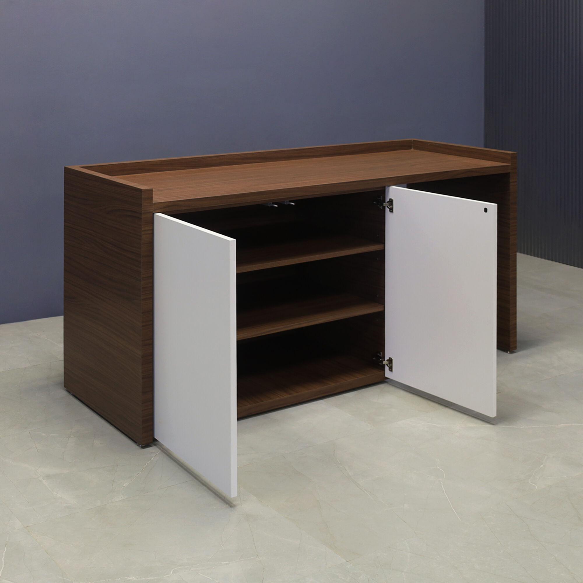 72-inch Avenue Beverage Server Station with fridge on the right side, in walnut heights matte laminate station, and dover off-white matte laminate doors.