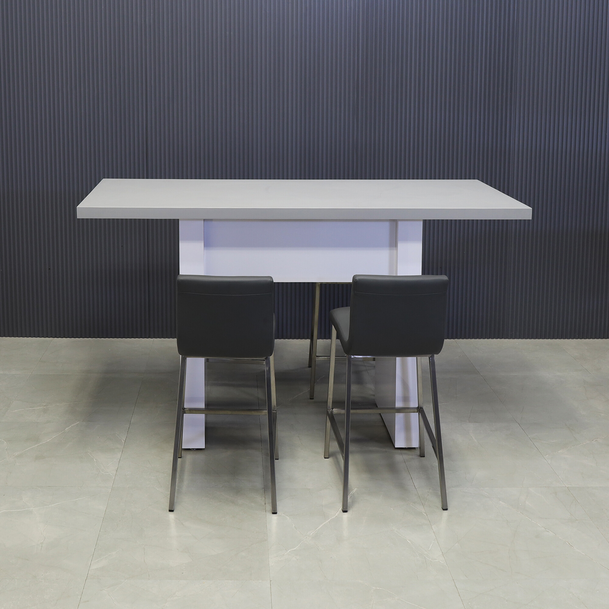 72-inch width x 42-inch height, Windsor Laminate Collaboration Table in fog gray matte laminate top and white gloss laminate base, shown here.