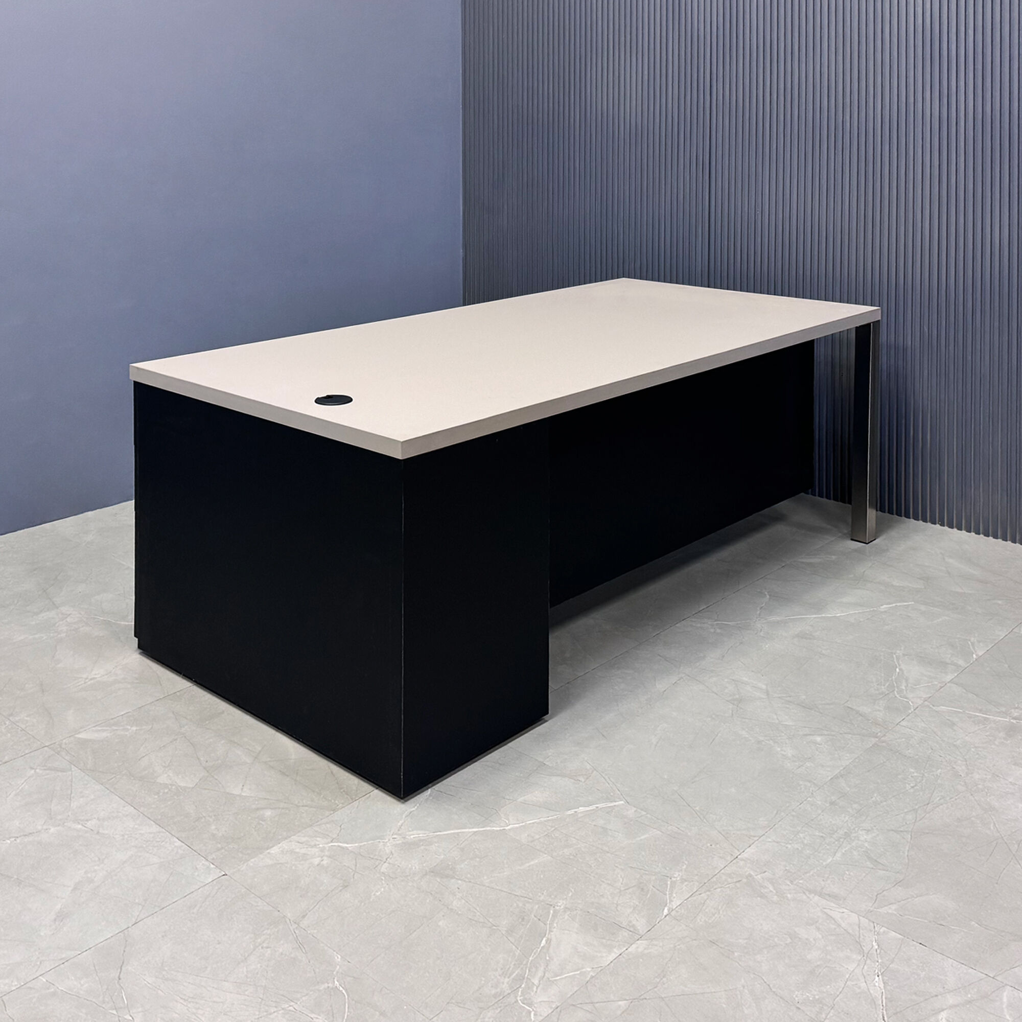 72-inch Dallas Straight Executive Desk W/ Cabinet in beige pvc top, black traceless laminate storage & privacy panel, with brushed aluminum legs.