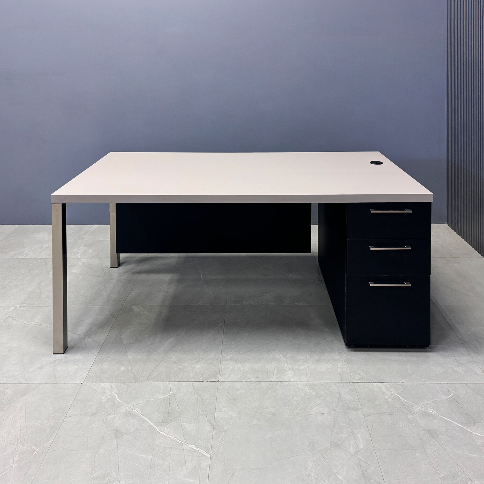 72-inch Dallas Straight Executive Desk with beige PVC top, black traceless laminate storage & privacy panel, and brushed aluminum legs.