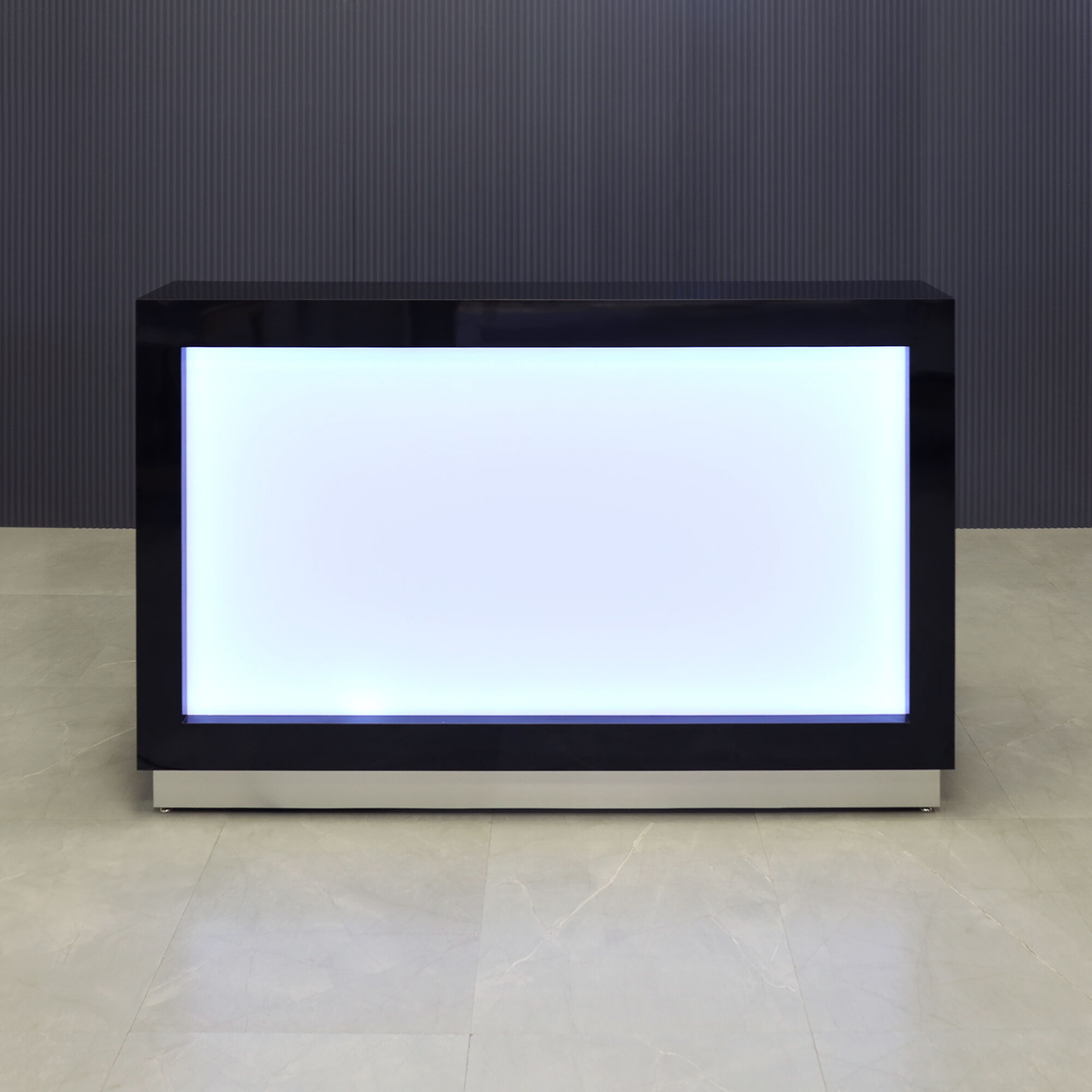 72-inch Vegas Custom Reception Desk in black gloss laminate counter and desk, with multi-colored LED, shown here.