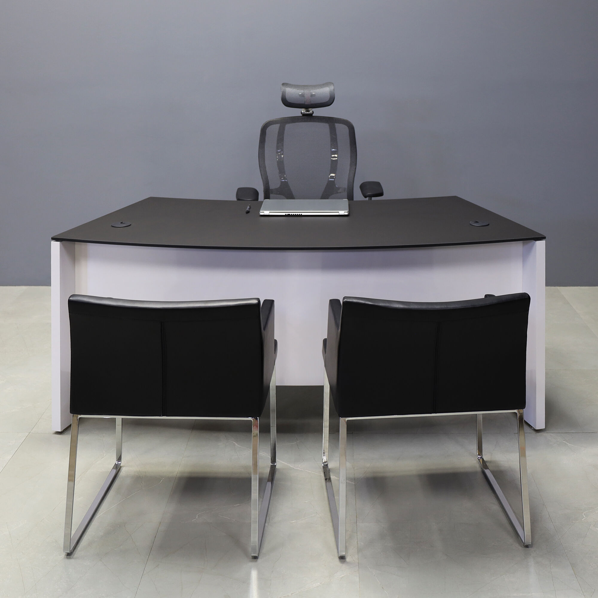 72-inch Seattle Curved Executive Desk with 1/2" Black traceless engineered surface top and white gloss laminate base & storage, shown here.