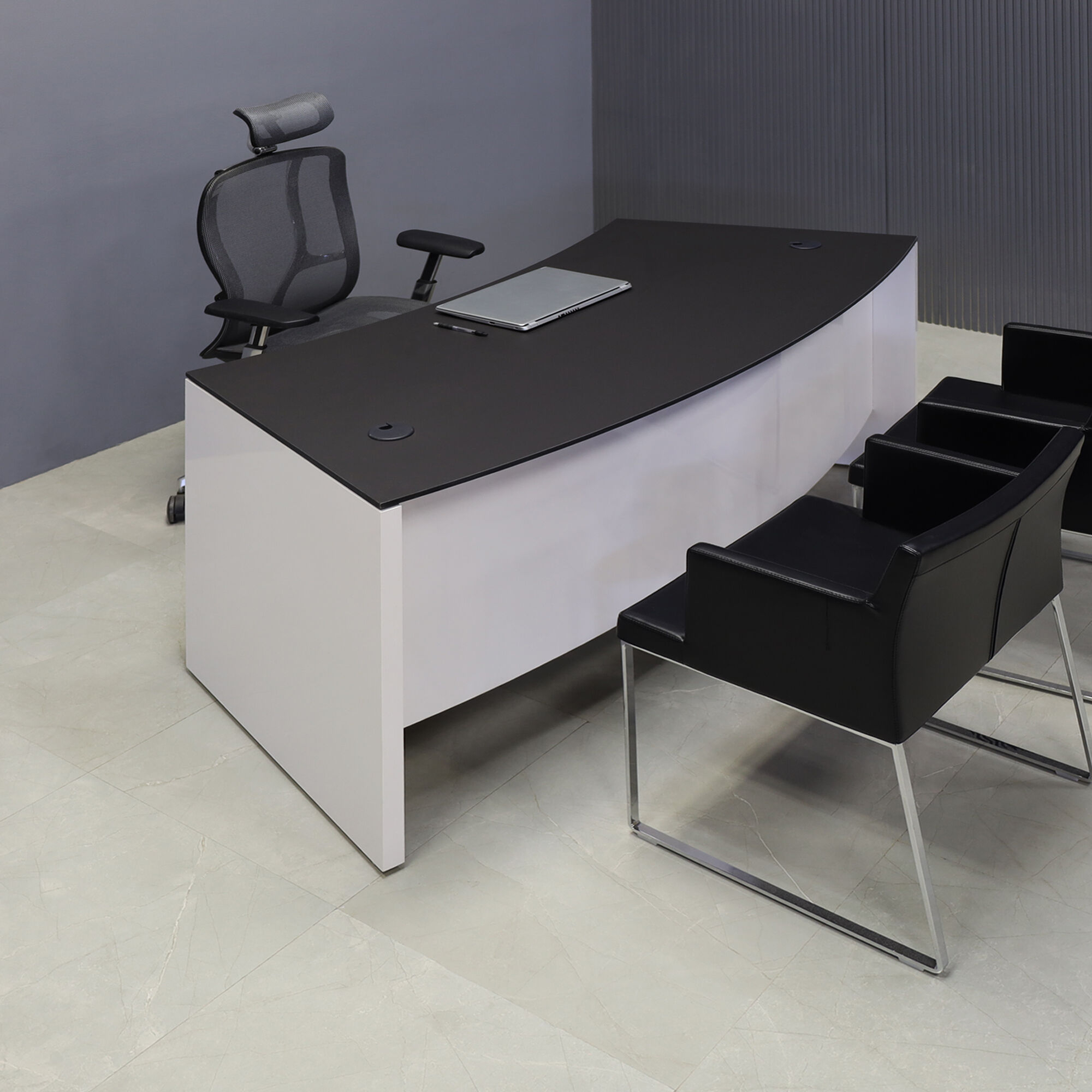 72-inch Seattle Curved Executive Desk with 1/2" Black traceless engineered surface top and white gloss laminate base & storage, shown here.