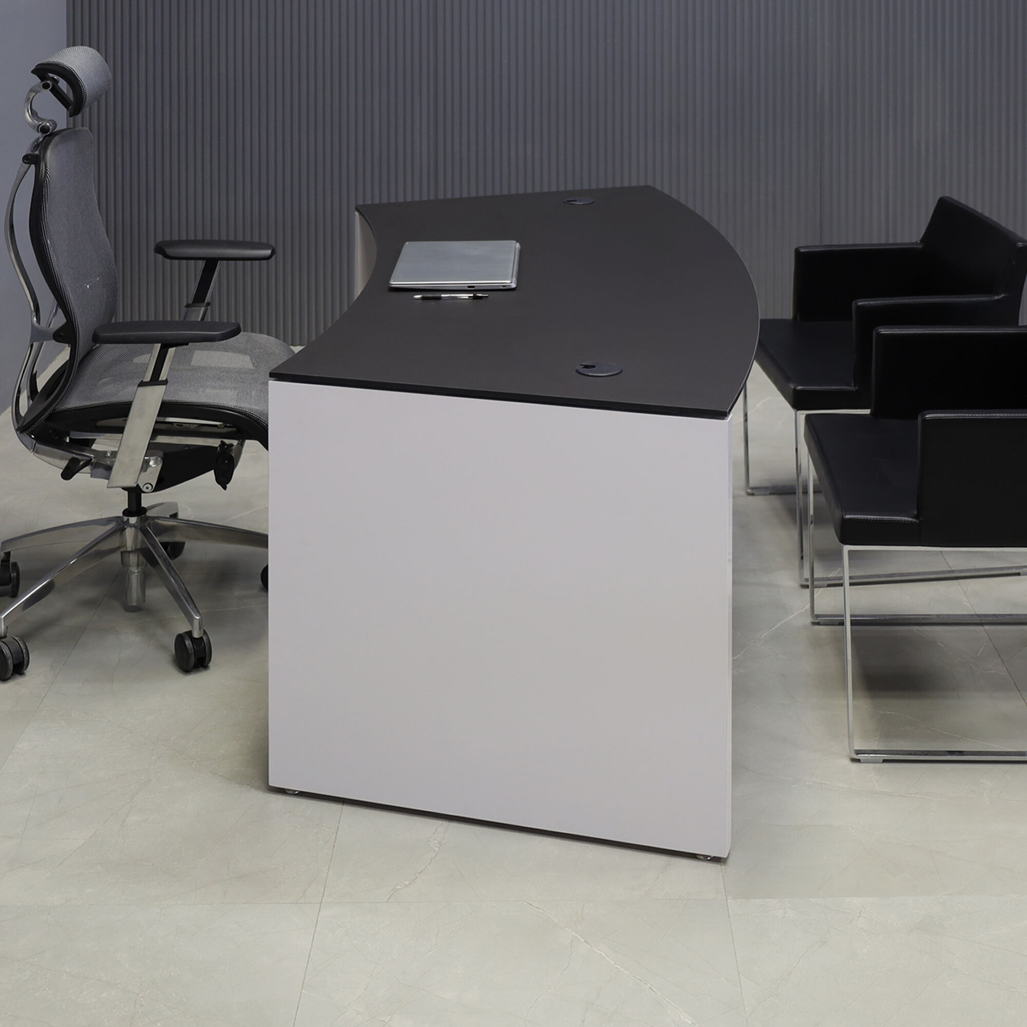 72-inch Seattle Curved Executive Desk with 1/2" Black traceless engineered surface top and white gloss laminate base & storage, shown here.