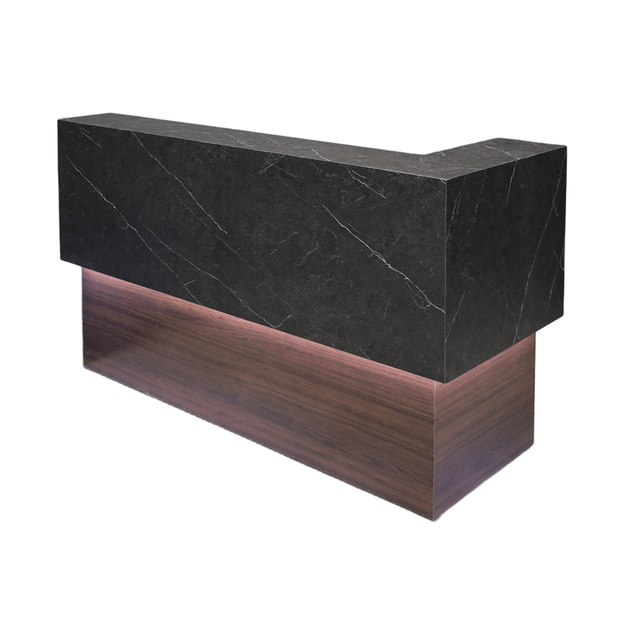 72-inch San Francisco L-Shape Reception Desk, right l-panel side when facing front in black sone pvc counter and colombian walnut matte laminate desk, with white LED, shown here.