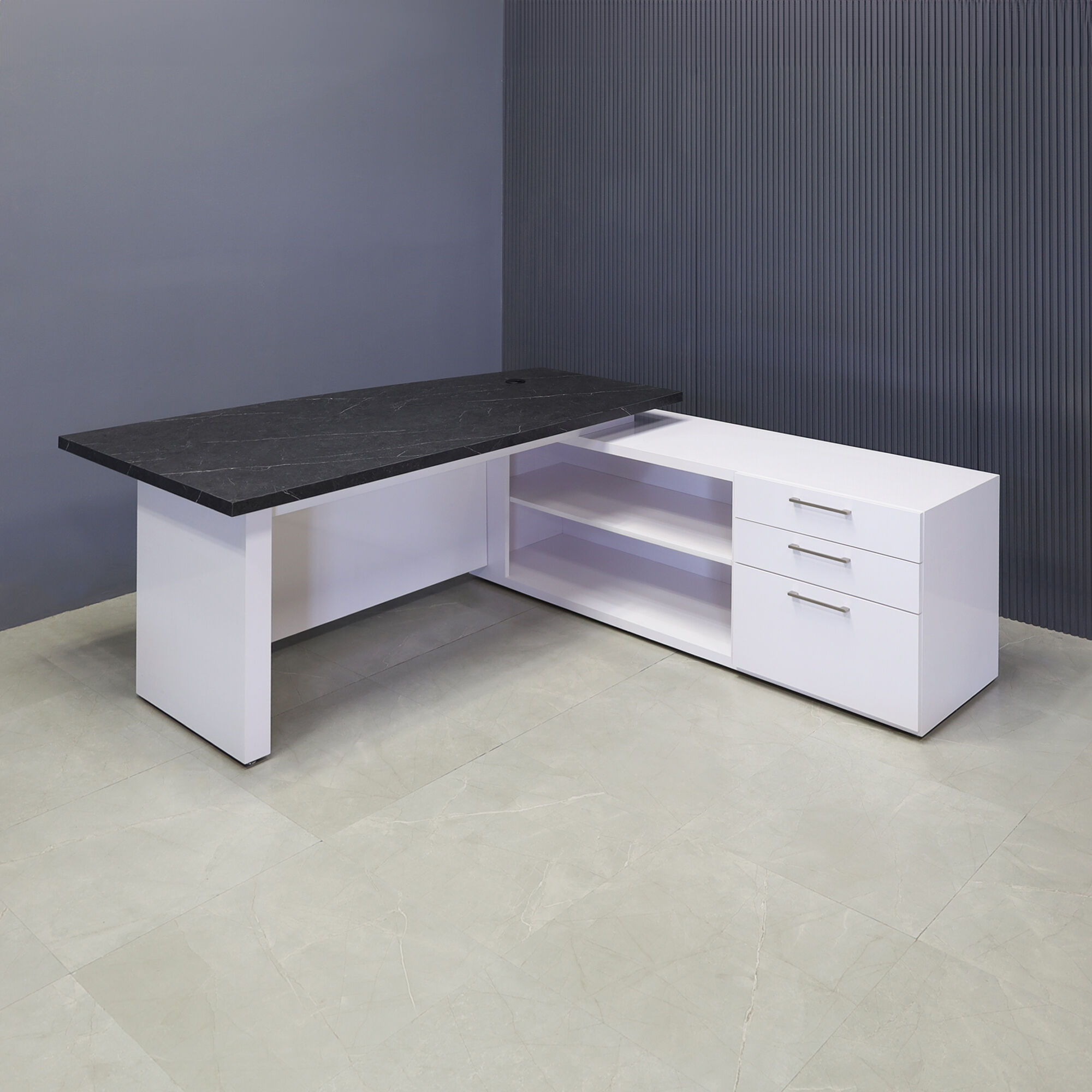 72-inch Avenue Curved Executive Desk w/ Credenza in black stone PVC top and white gloss laminate base, credenza and privacy panel, shown here.