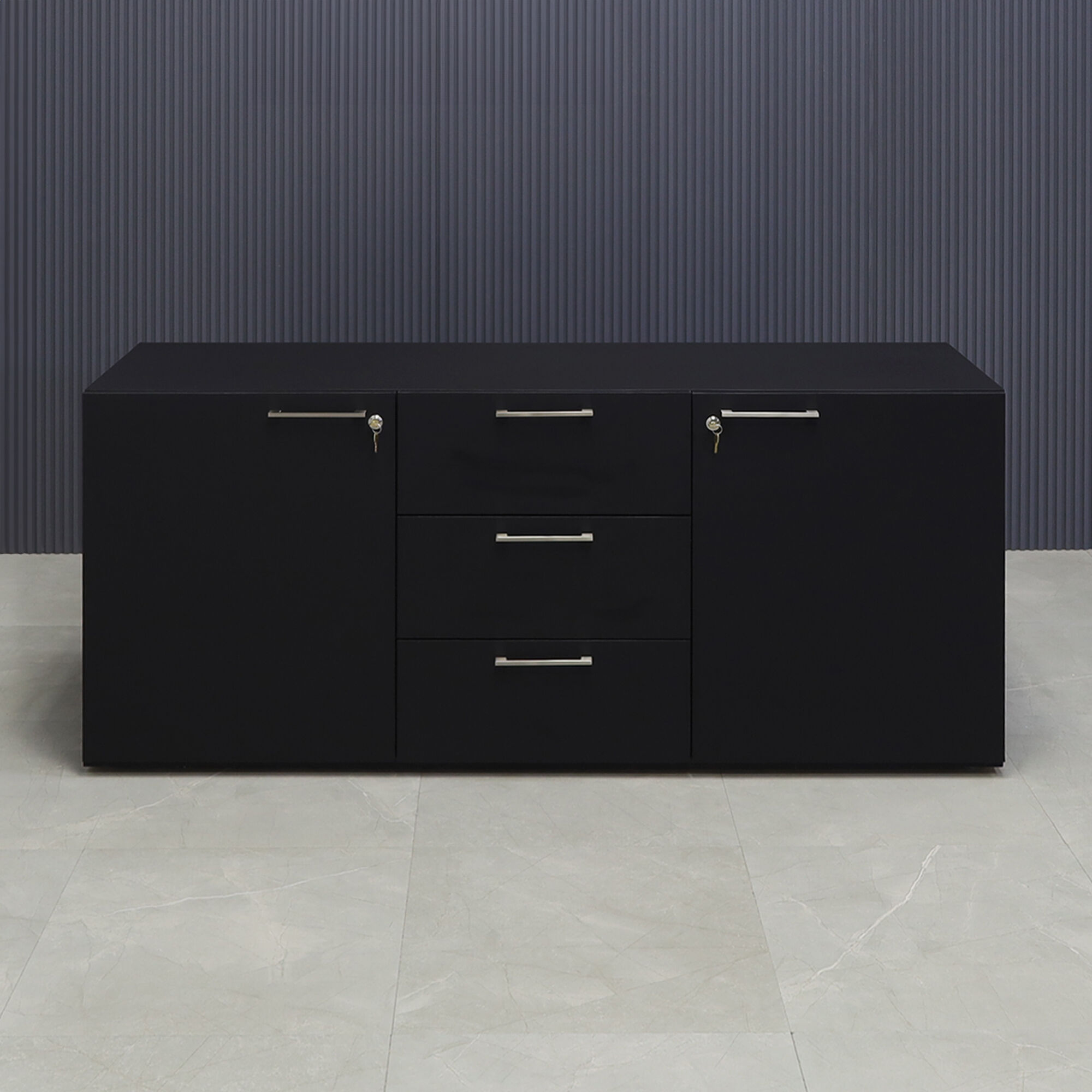 72-inch Naples Custom Storage Credenza in black traceless laminate credenza, and front drawers & doors.