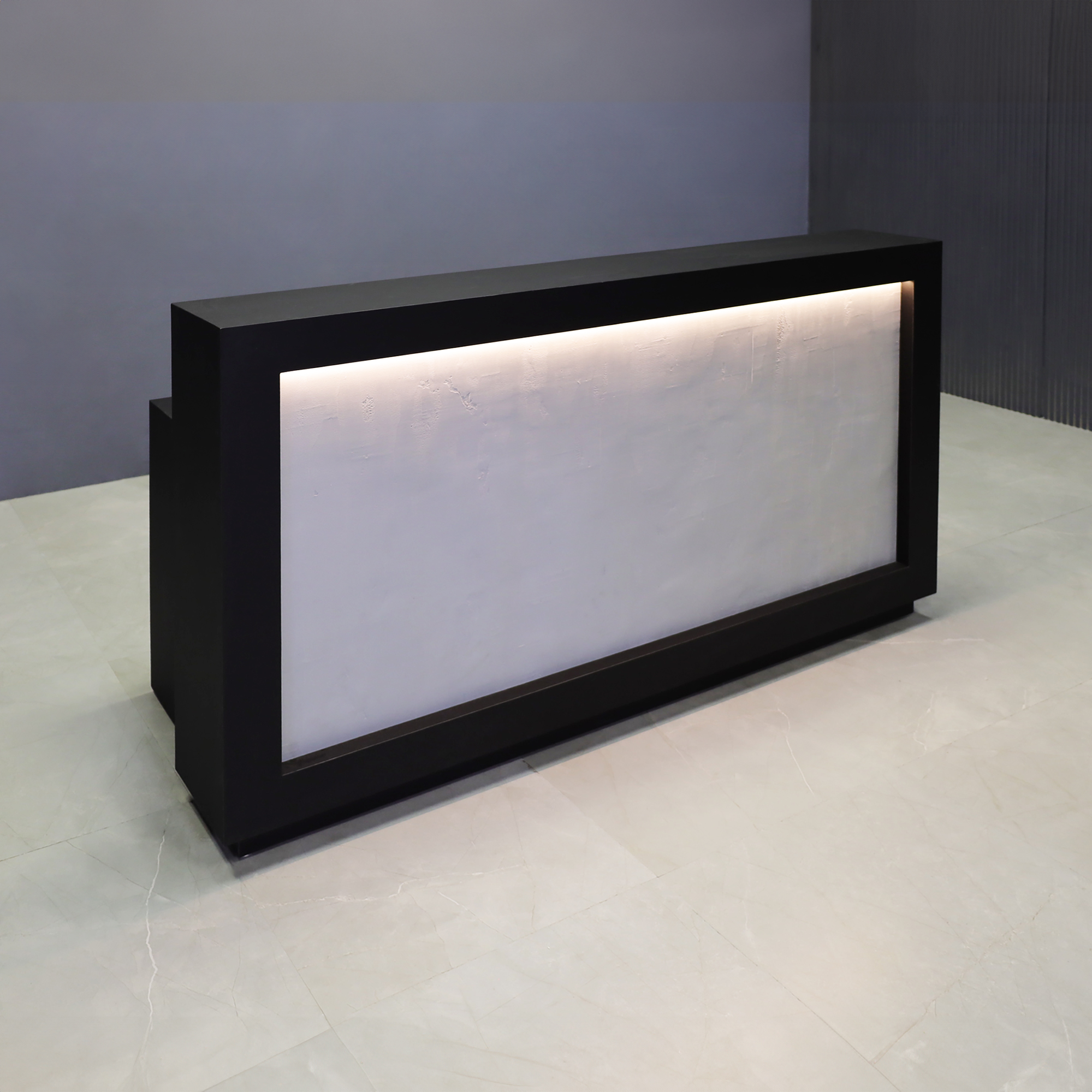 72-inch Vegas Designer Custom Reception Desk with Black Traceless laminate main desk. Concrete Front Accent and White LED.