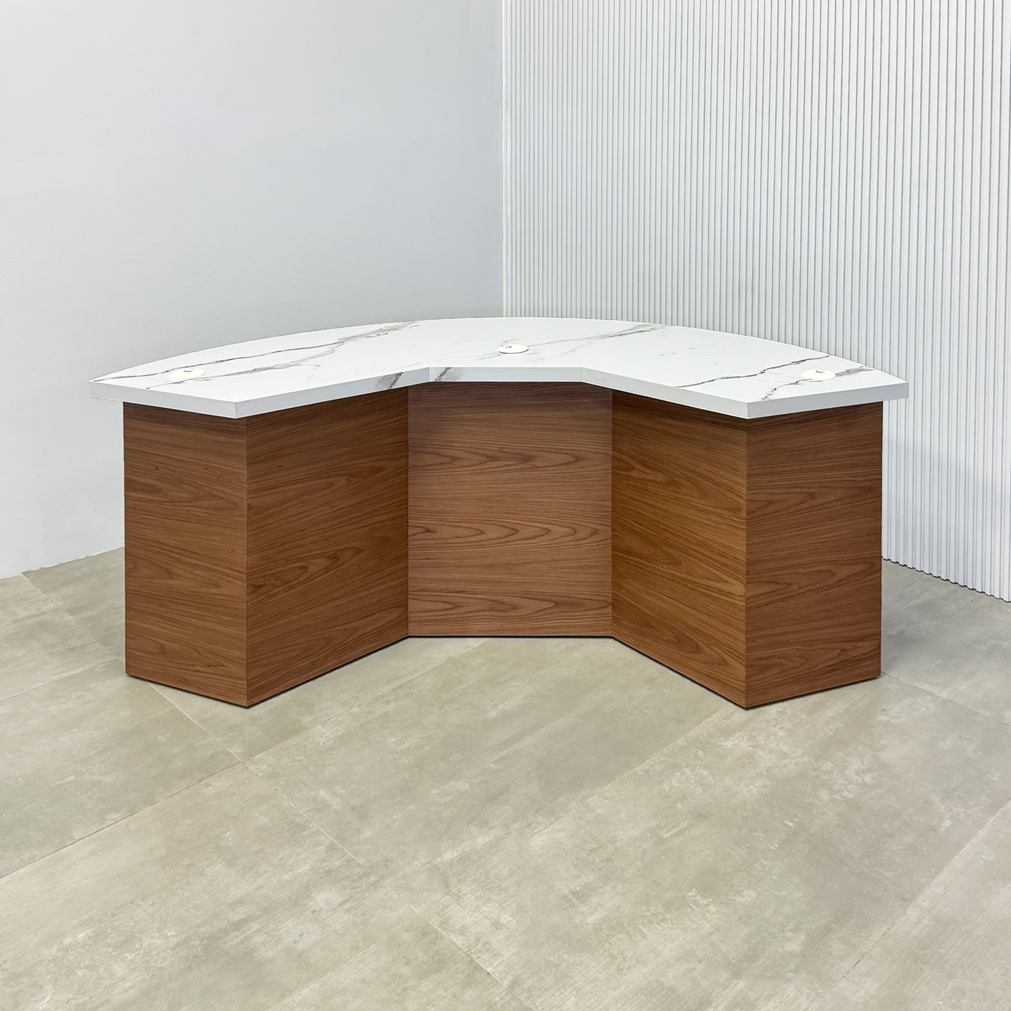 72-inch Tampa Bay Custom Handmade Podcast Table with calcutta stone PVC laminate top, and walnut wood veneer front of the base.