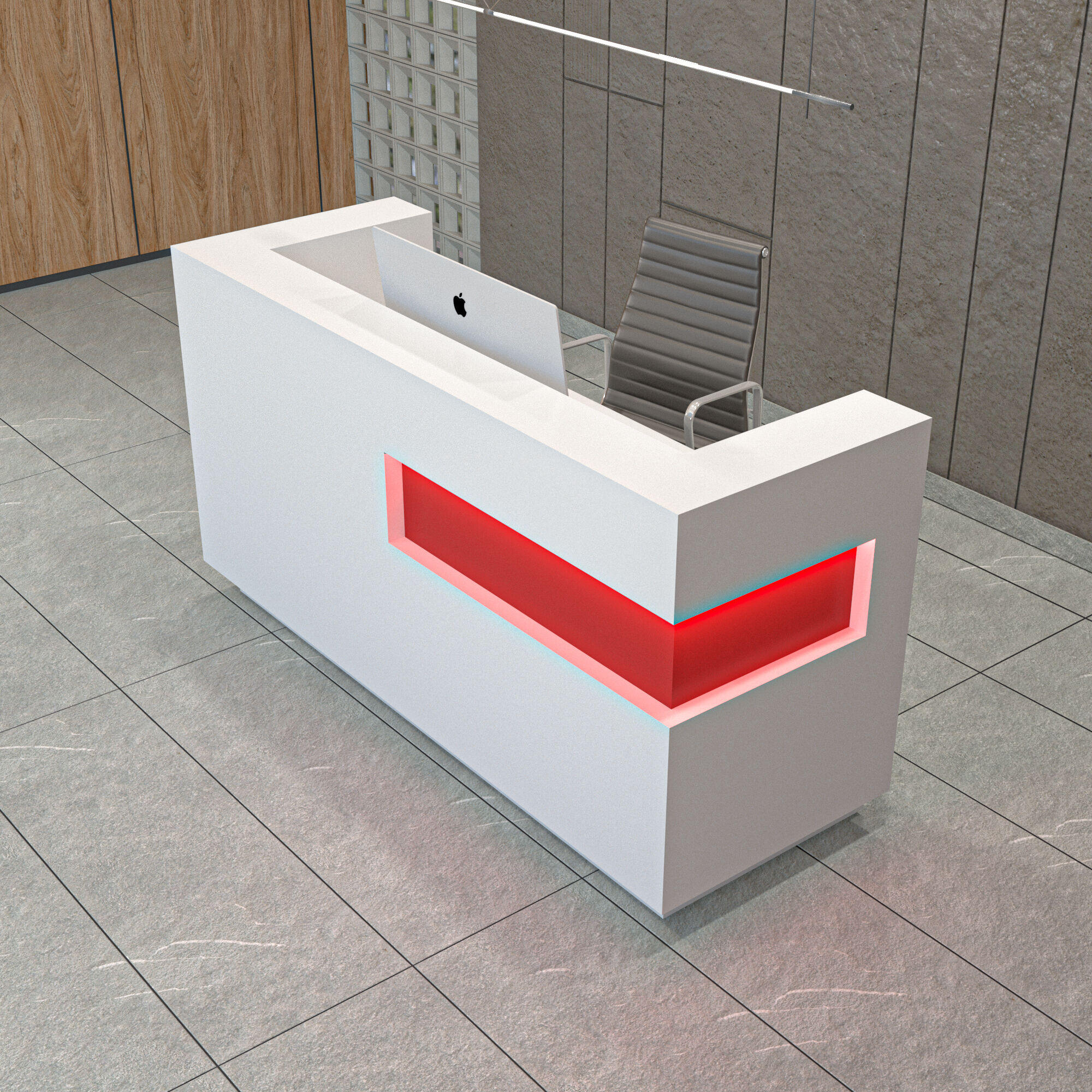 72-inch Manhattan U-Shape Custom Reception Desk in classic red gloss laminate accent panel, and white matte laminate main desk, with white LED, shown here.