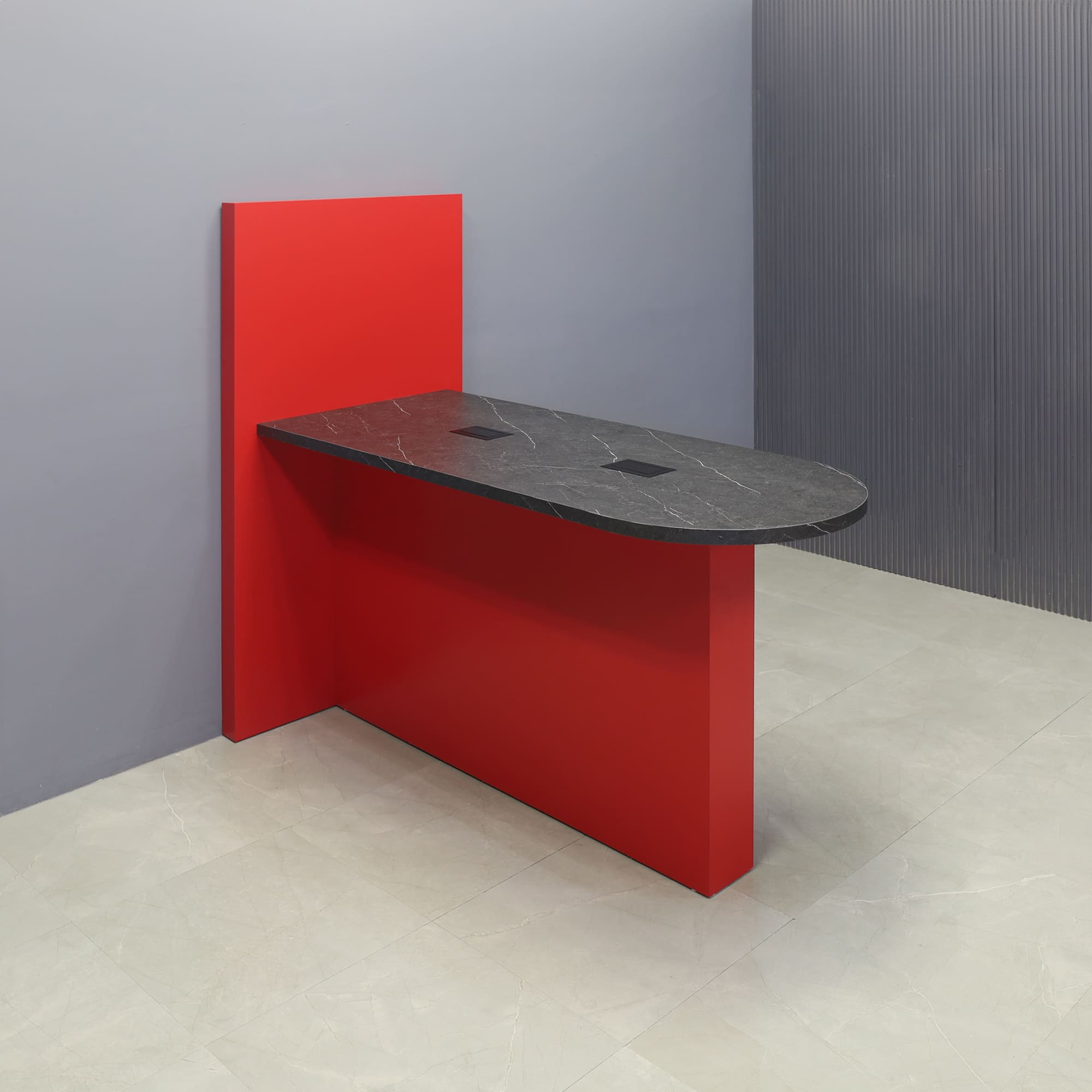 72-inch Weight and 42-inch Height, Westin Rec Collaboration and Training Table in black stone PVC laminate top, with classic red matte laminate base and wall, and 2 black MX2 powerboxes, shown here.