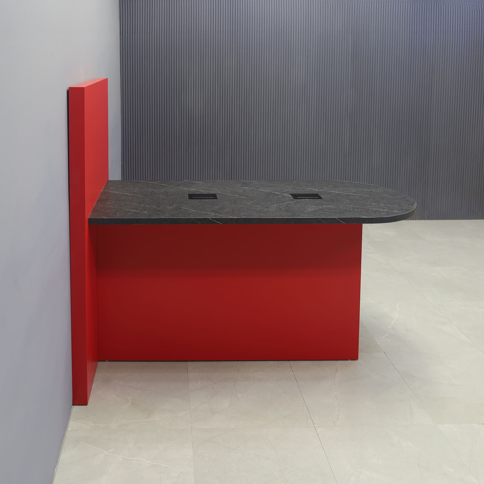 72-inch Weight and 42-inch Height, Westin Collaboration and Training Table in black stone PVC laminate top, with classic red matte laminate base and wall, and 2 black MX2 powerboxes, shown here.