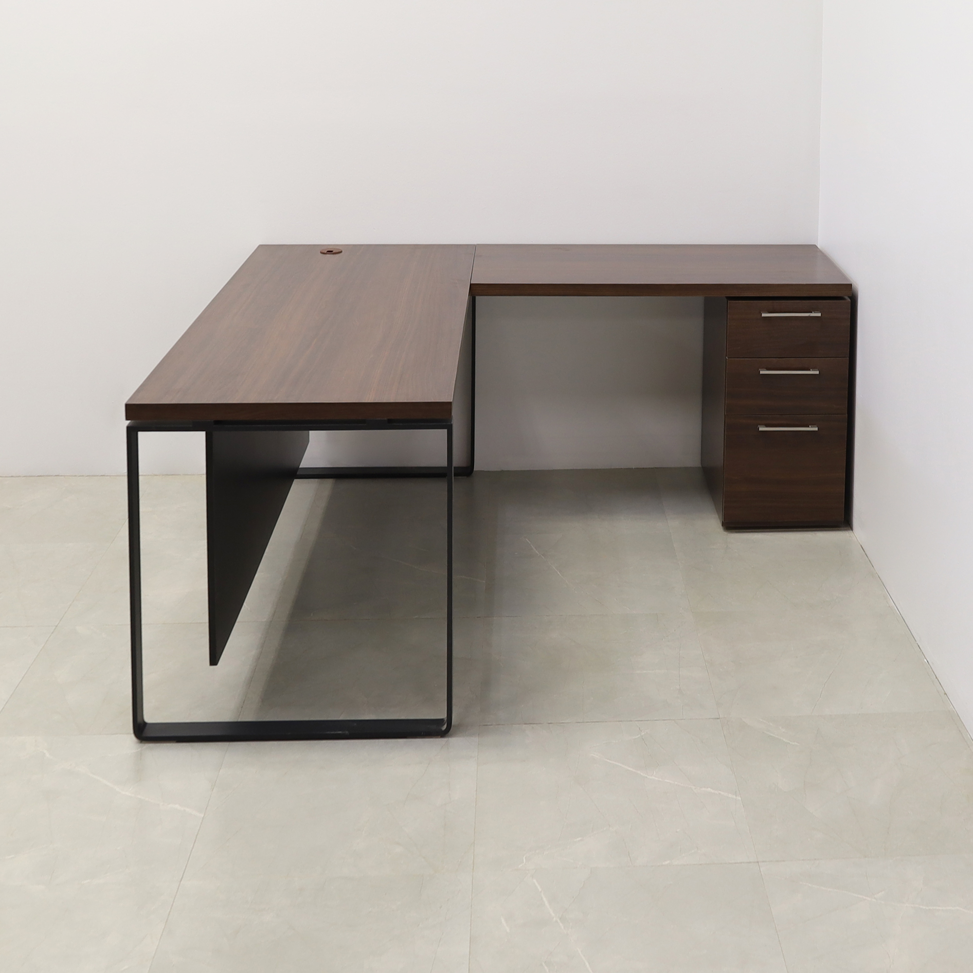 72 inches Aspen L-Shape W/ Cabinet Executive Desk In Colombian Walnut Laminate Top and storage with two pencil drawers and one file cabinet. Black matte laminate privacy panel and black stainless metal legs shown here.