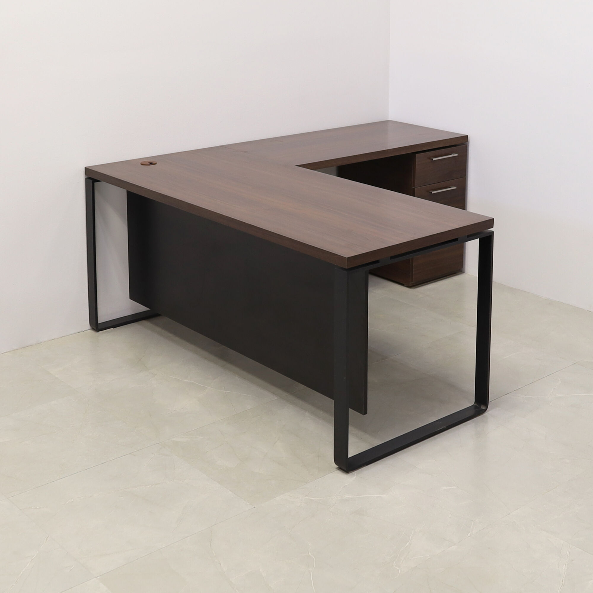 72-inch Aspen L-Shape Executive Desk With Laminate Top, right side return when sitting and built-in storage, in colombian walnut matte laminate top, black matte laminate privacy panel, and black metal legs, shown here.