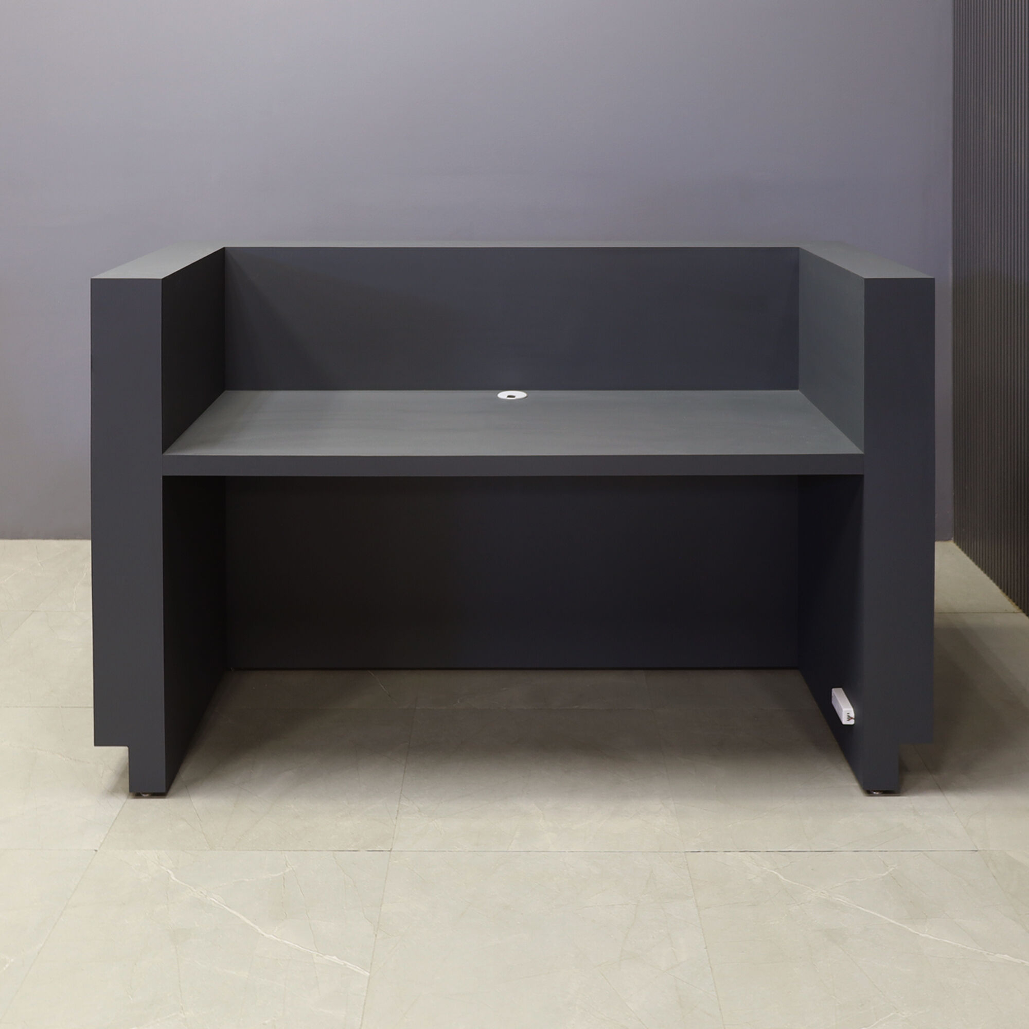 72-inch Wave Reception Desk in dark gray traceless laminate counter, desk & toe-kick, with walnut heights matte laminate wave accent front, and war, white LED, shown here.