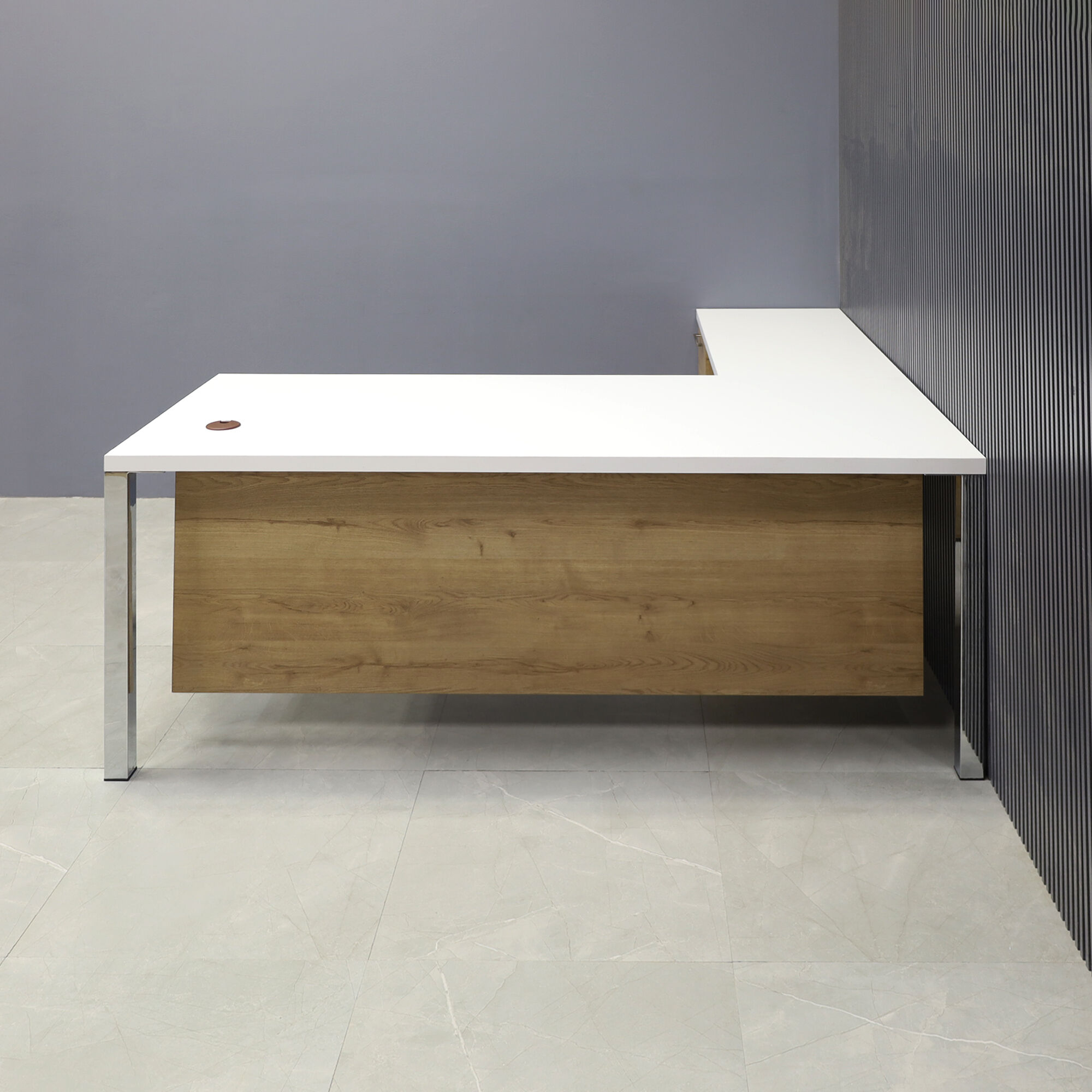 72-inch Dallas L-Shape Executive Desk with return & cabinet on left side when sitting, in over off-white matte laminate top, planked urban oak matte laminate cabinet & privacy panel, and chromed legs, shown here.