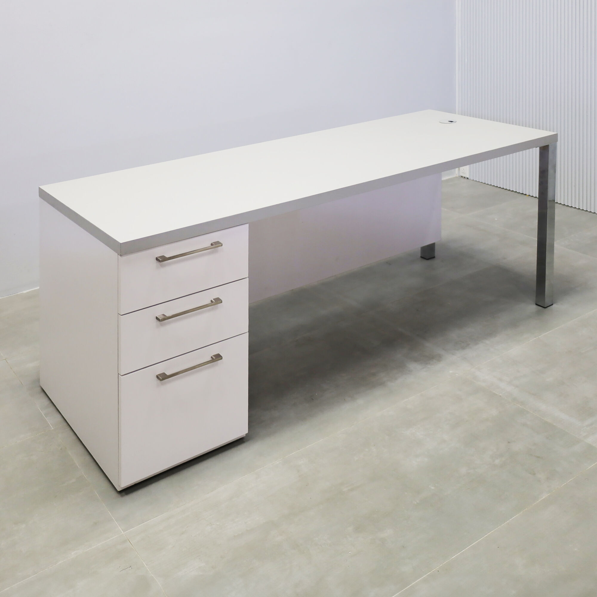 72-inch Dallas Straight Executive Desk with gray matte laminate top, white matte laminate storage & privacy panel, and brushed aluminum legs.