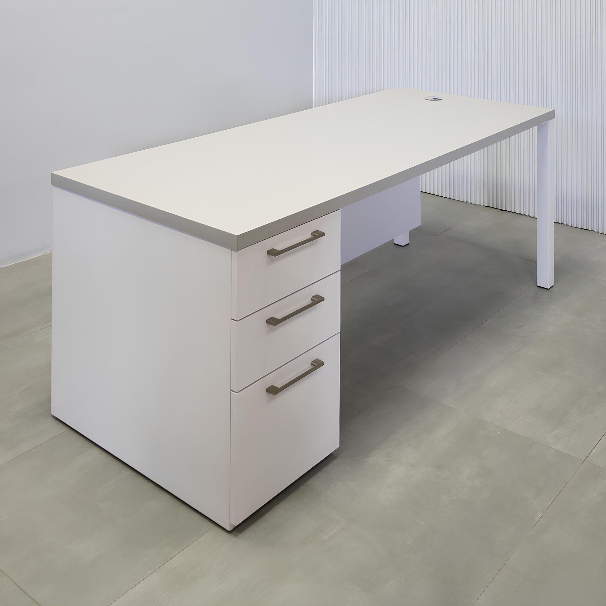 Dallas Straight Executive Desk in folkstone gray top, white matte laminate storage & privacy panel, and white metal legs.