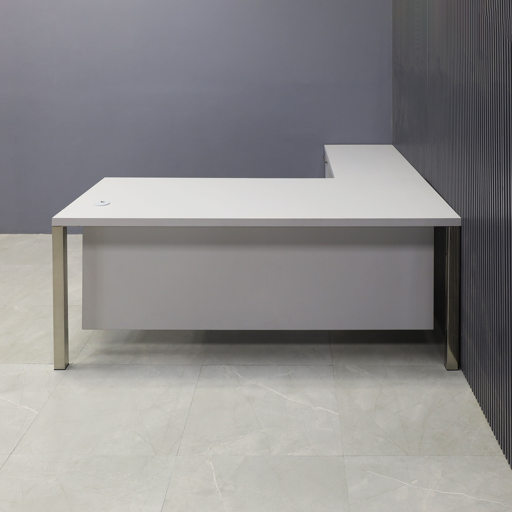 72-inch Dallas L-Shape Executive Desk with return & cabinet on left side when sitting, in folkstone gray matte laminate top, cabinet & privacy panel, and brushed aluminum legs, shown here.