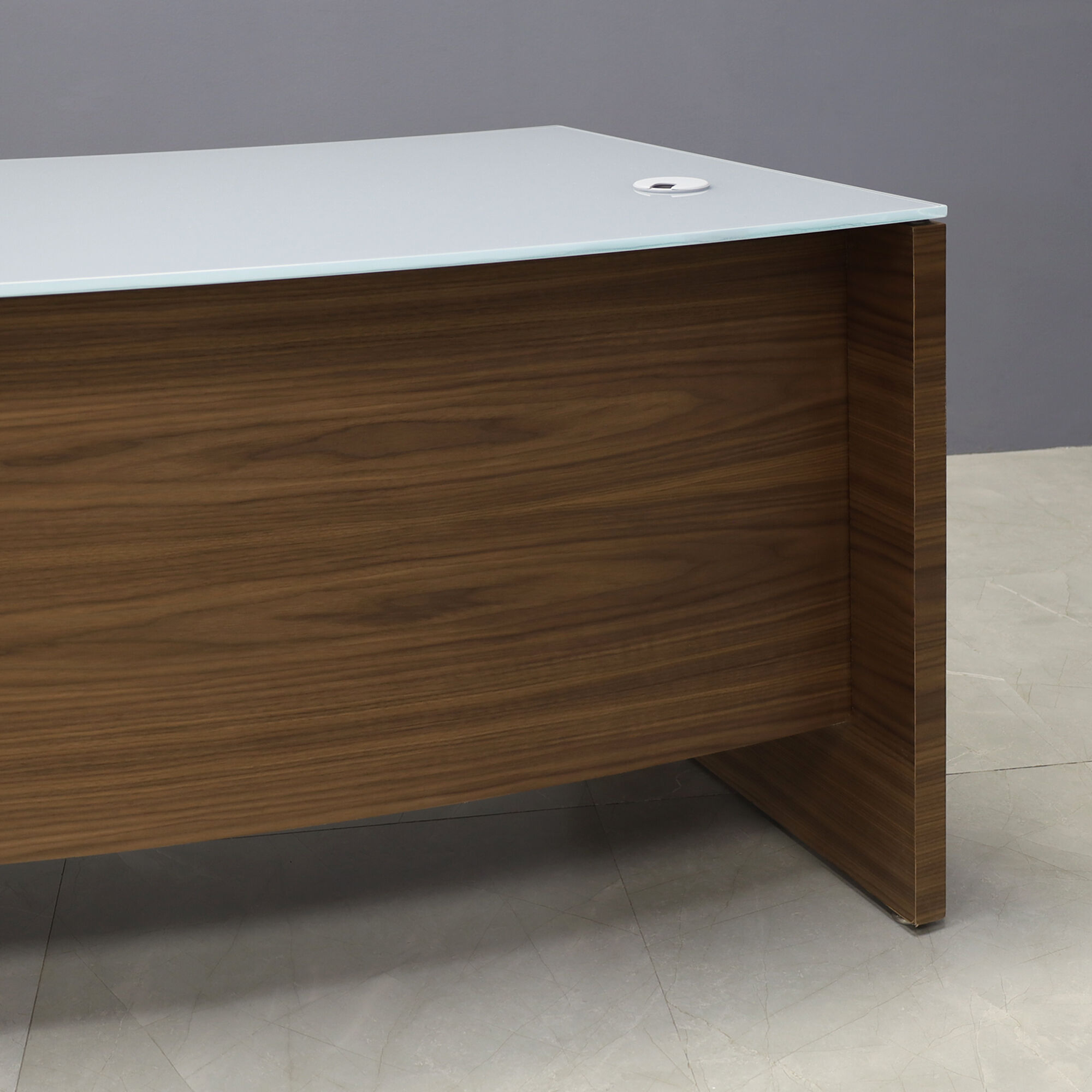 72-inch Seattle Curved Executive Desk with 1/2" light gray tempered glass top and walnut veneer base & storage, shown here.