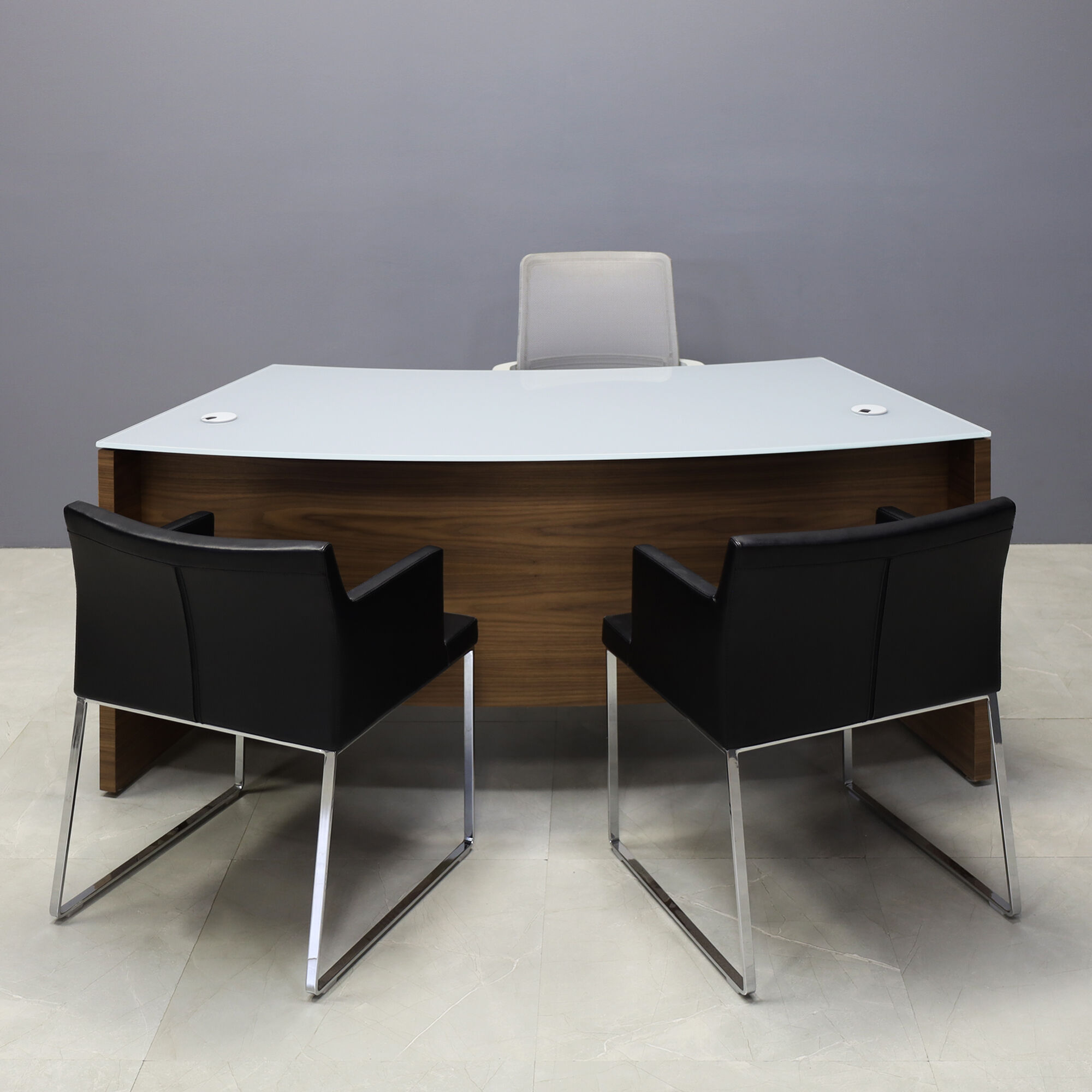 72-inch Seattle Curved Executive Desk with 1/2" light gray tempered glass top and walnut veneer base & storage, shown here.