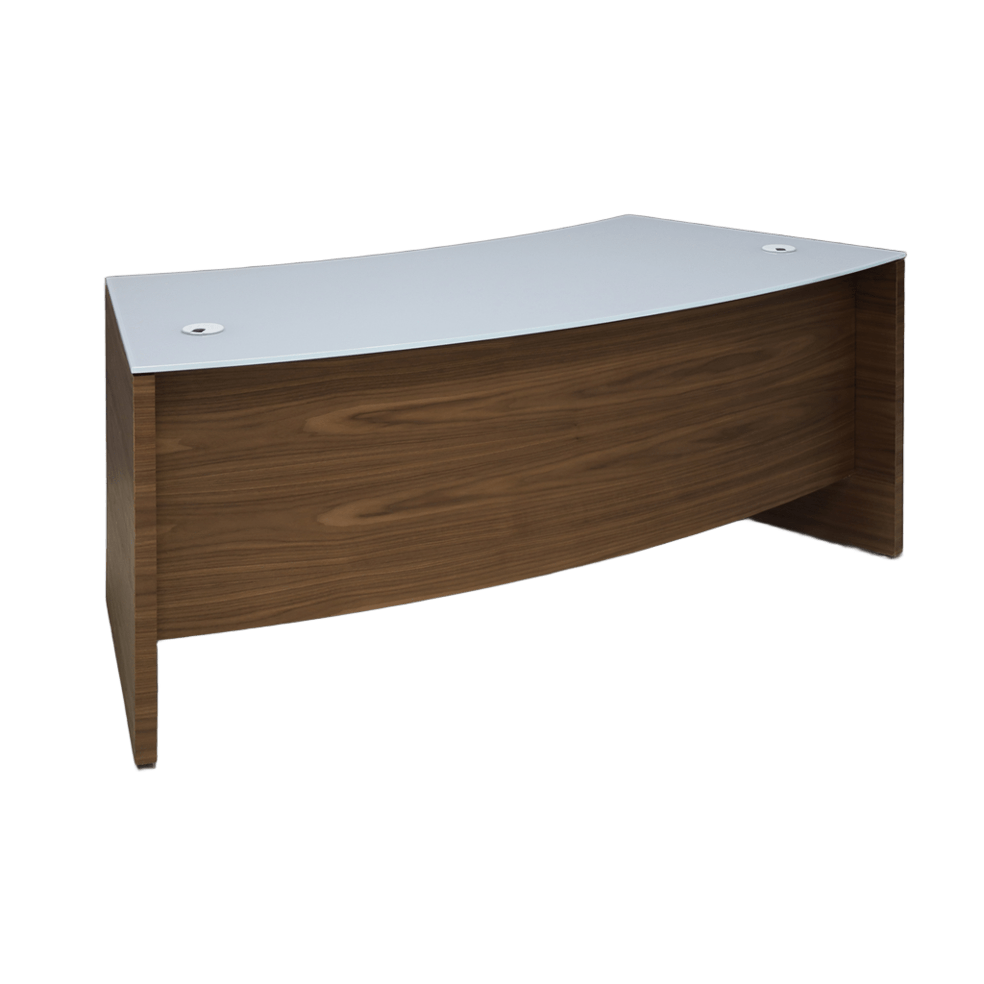 72-inch Seattle Curved Executive Desk with 1/2" light gray tempered glass top and walnut veneer base & storage, shown here.