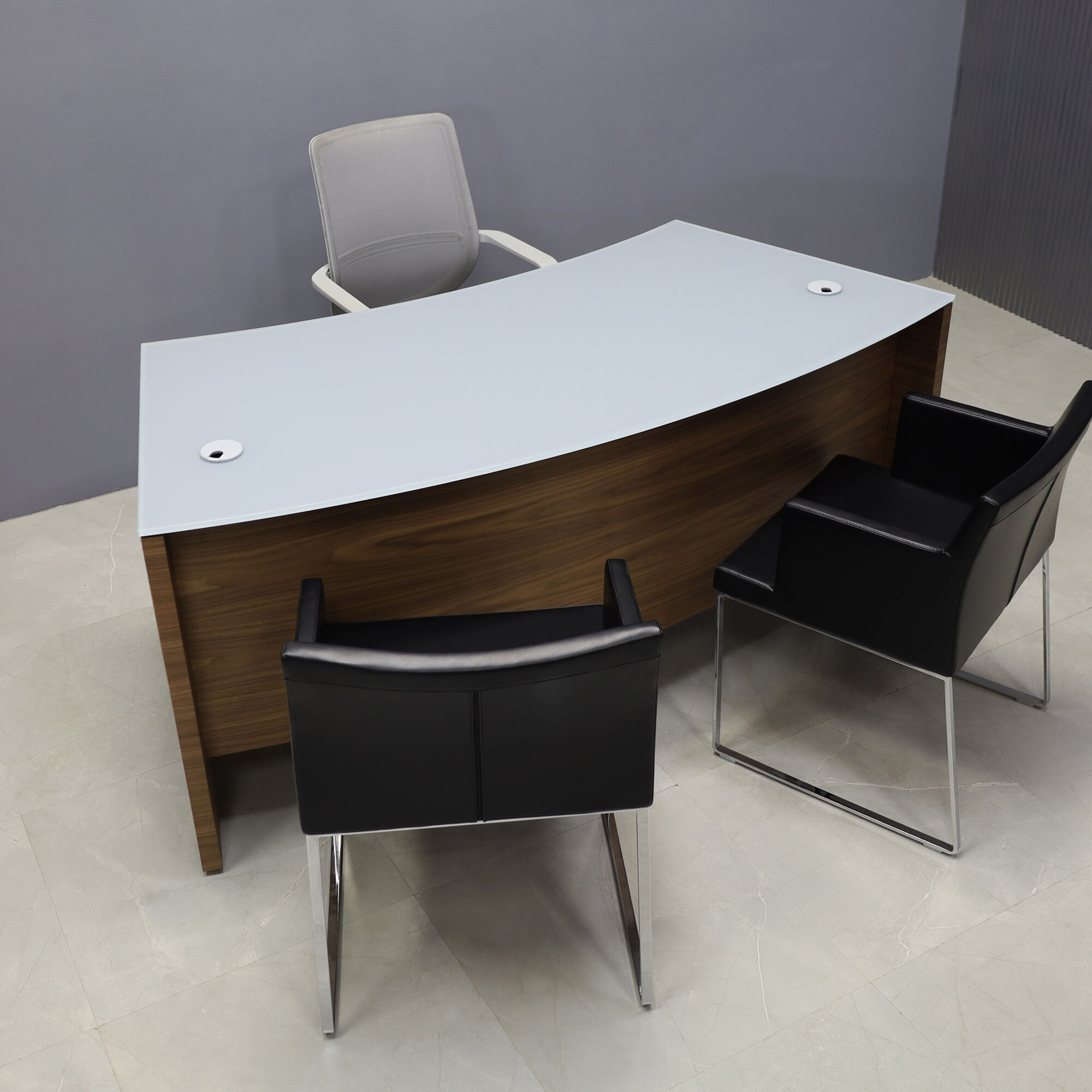 72-inch Seattle Curved Executive Desk with 1/2" light gray tempered glass top and walnut veneer base & storage, shown here.