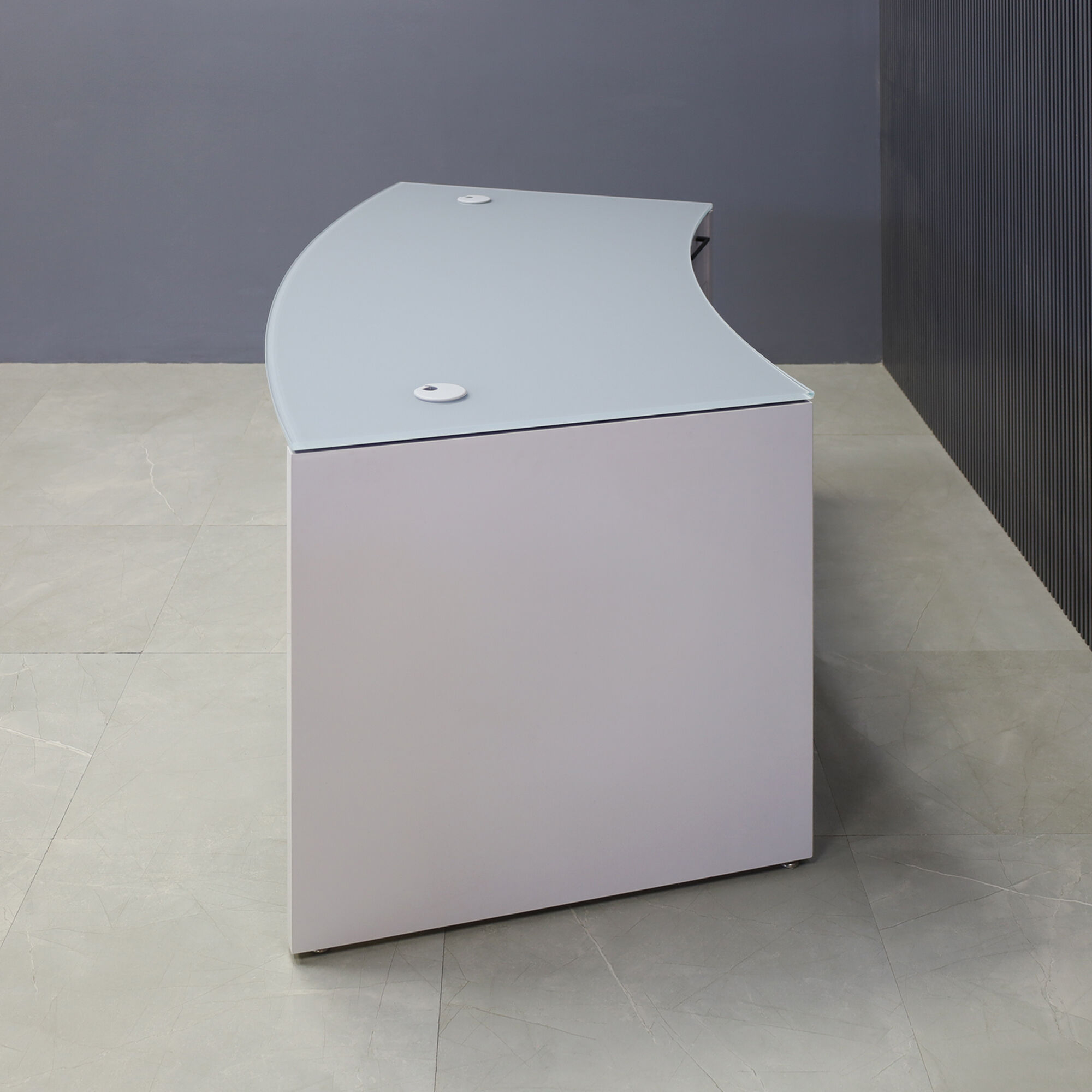 72-inch Seattle Curved Executive Desk with 1/2" light gray tempered glass top and white gloss laminate base & storage, shown here.