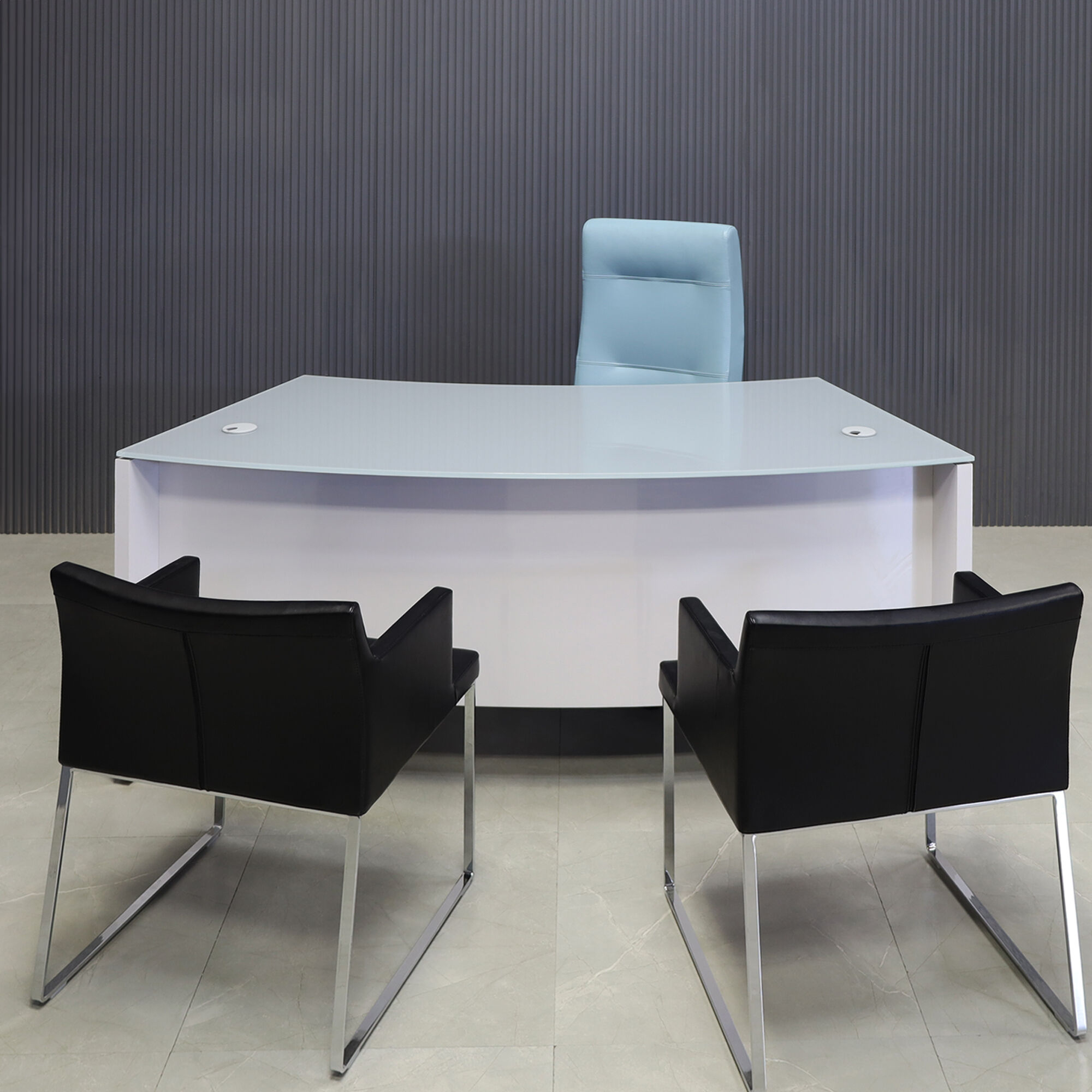 72-inch Seattle Curved Executive Desk with 1/2" light gray tempered glass top and white gloss laminate base & storage, shown here.