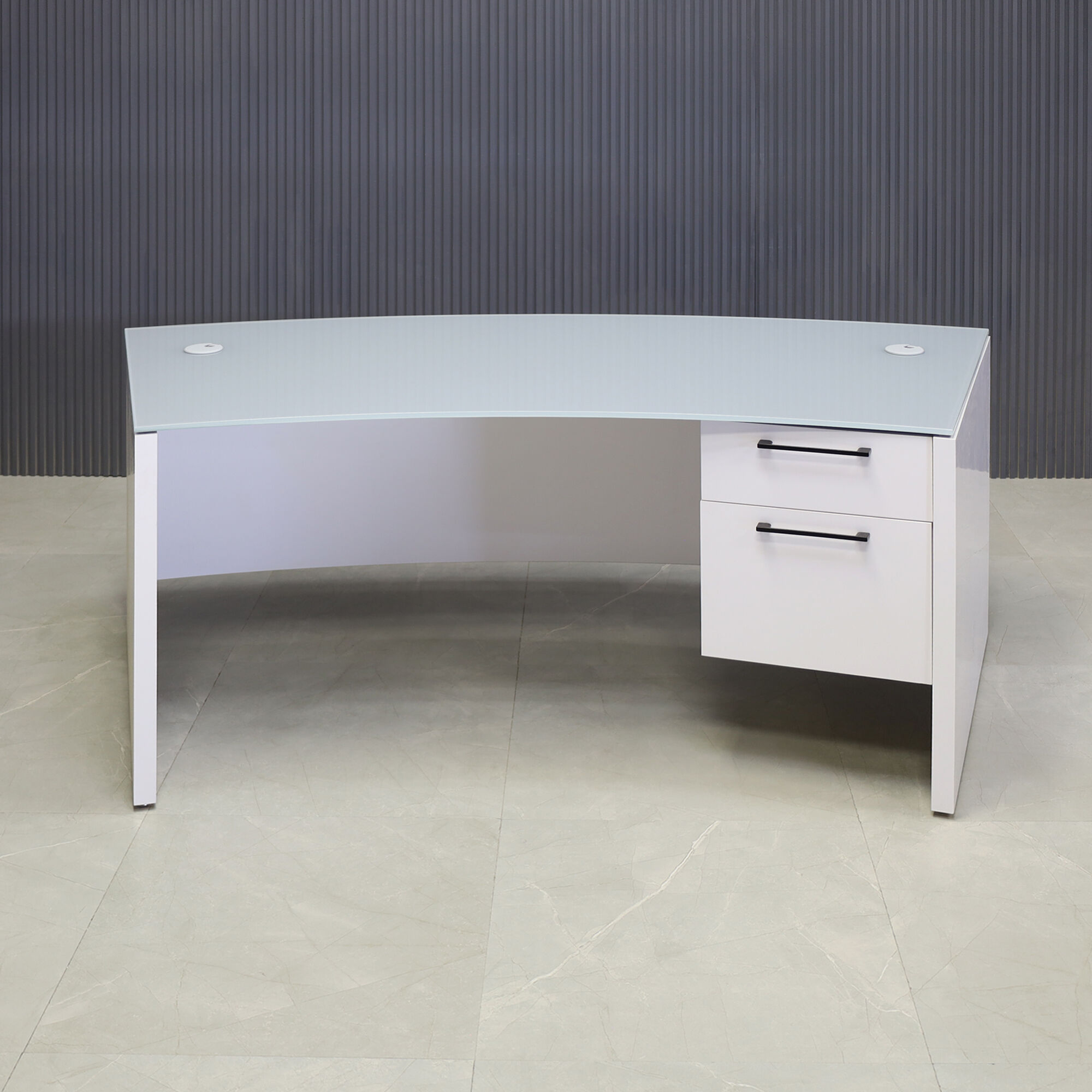 72-inch Seattle Curved Executive Desk with 1/2" light gray tempered glass top and white gloss laminate base & storage, shown here.