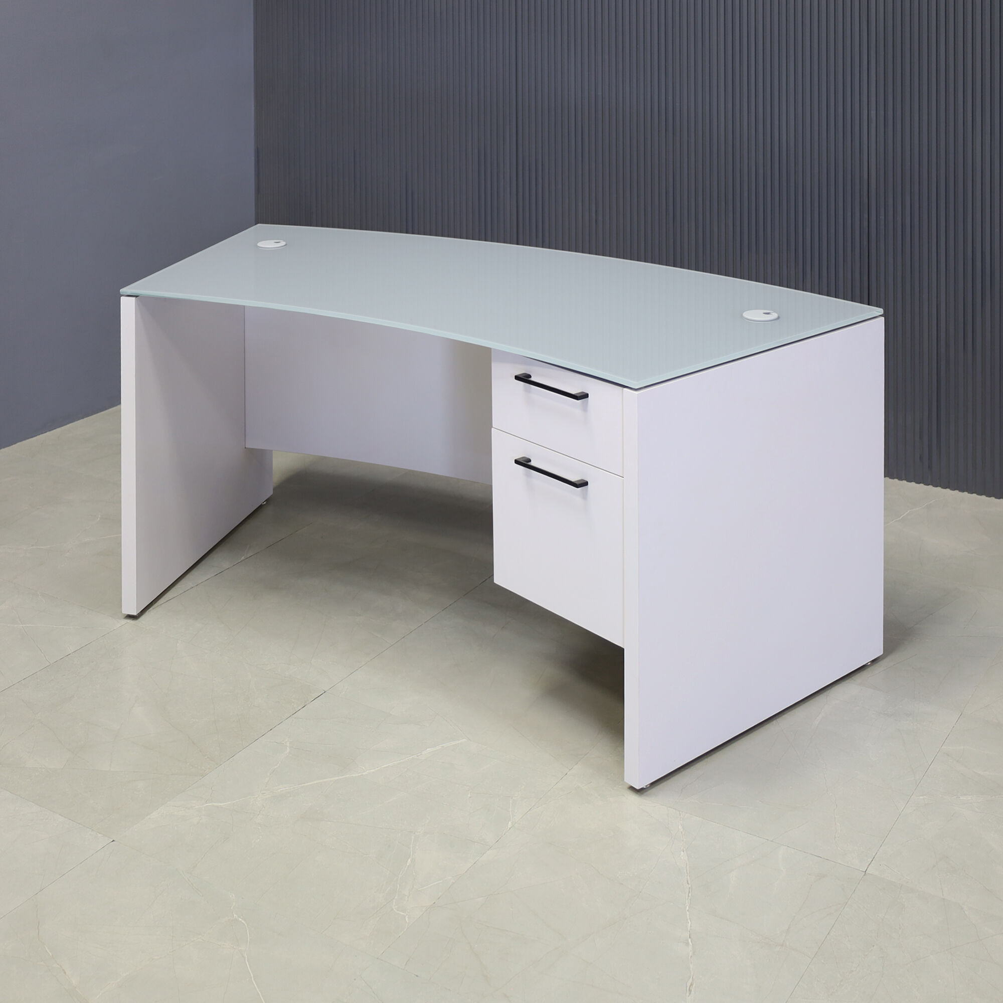 72-inch Seattle Curved Executive Desk with 1/2" light gray tempered glass top and white gloss laminate base & storage, shown here.
