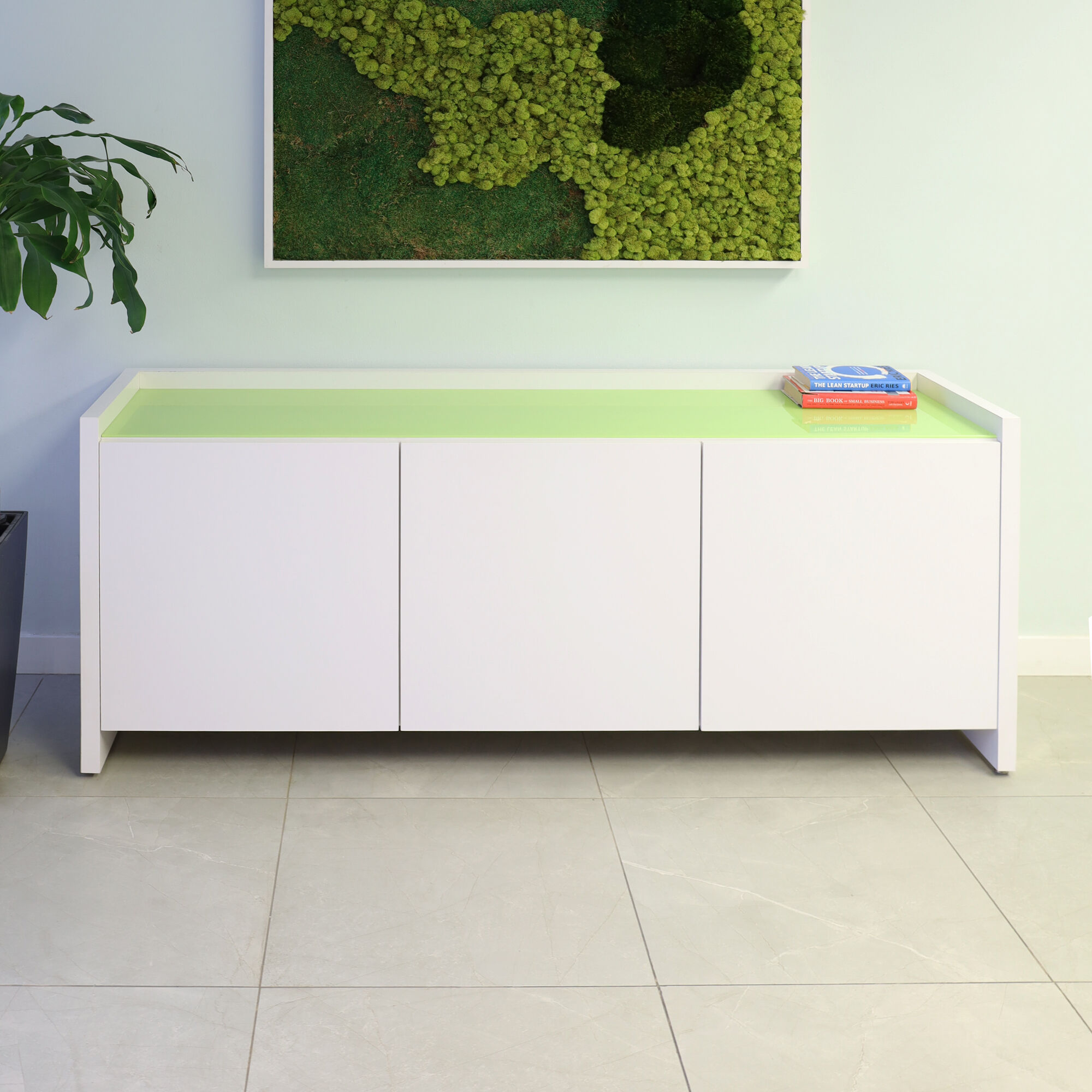 72-inch Aspen Storage Credenza in 1/2-inch lime tempered glass top, and white matte laminate credenza & doors.